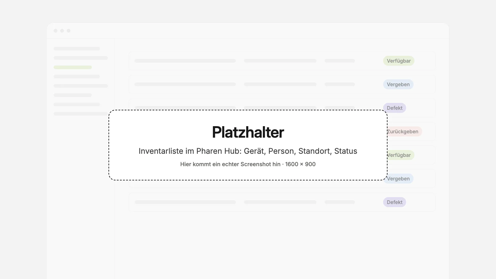 Platzhalter für den Screenshot: Inventarliste im Pharen Hub mit Inventarnummer, Nutzer, Standort, Status und Rückgabedatum