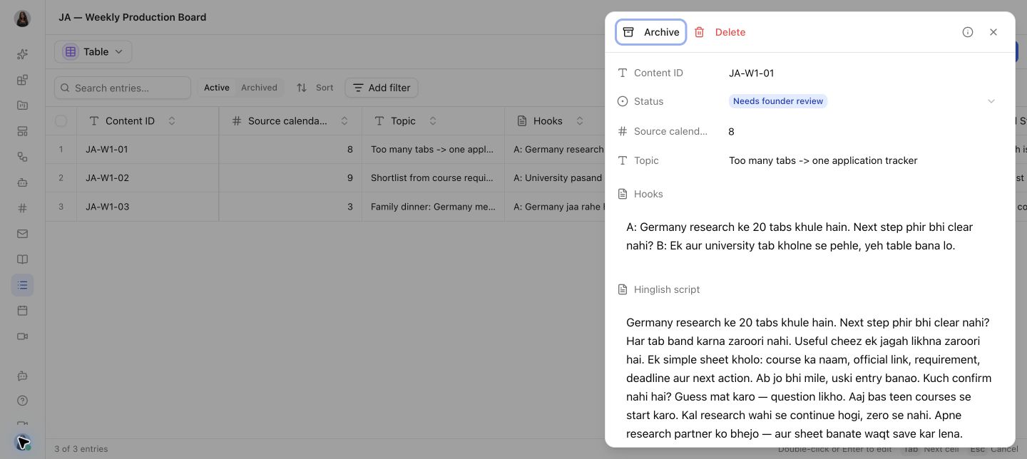Geöffneter Eintrag der Jagrati-Abroad-Produktionsliste im hellen Modus von Pharen mit Hinglish-Skript und Prüfstatus