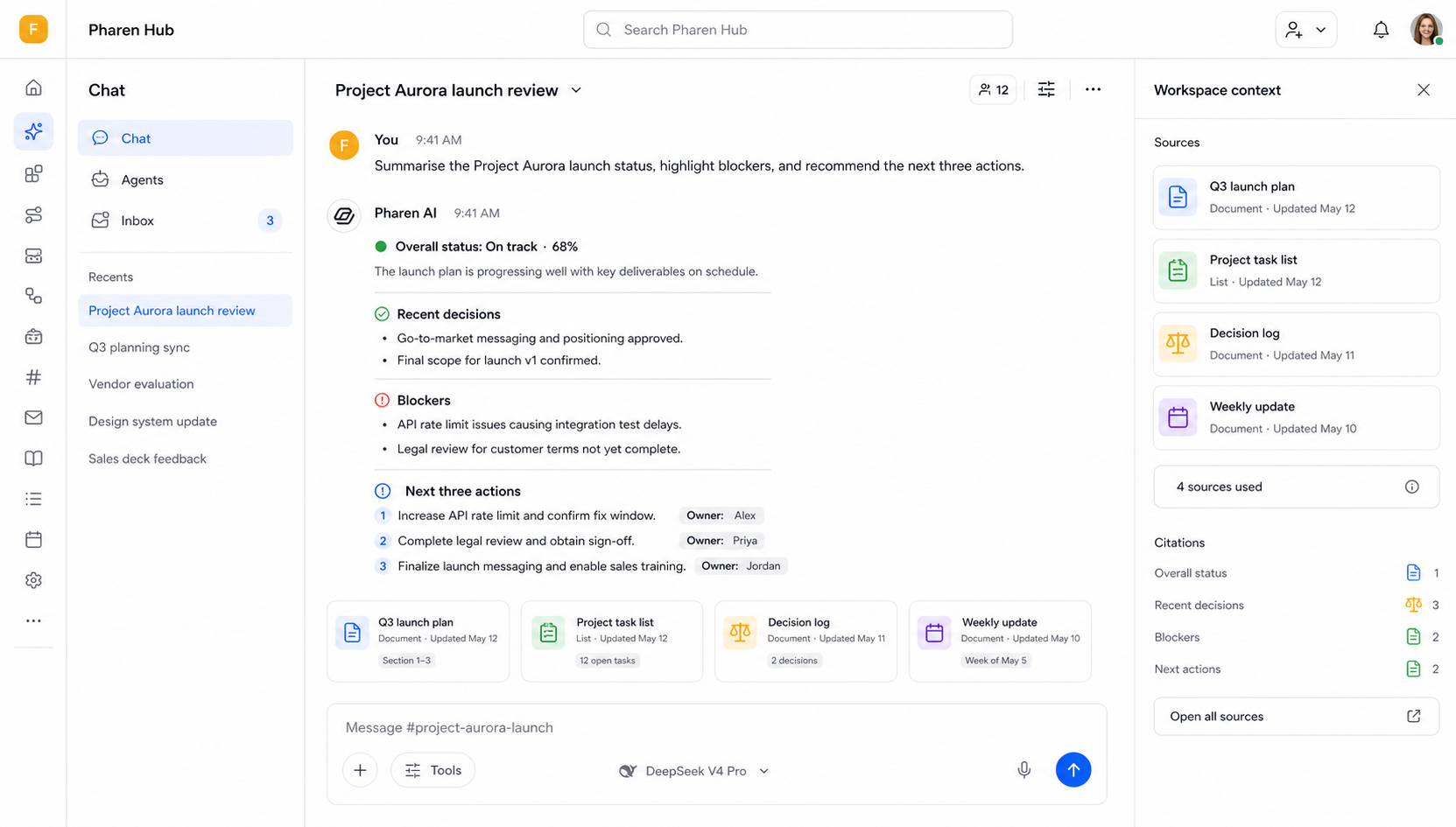 Pharen Chat mit Workspace-Quellen und einem kontrollierten Agentenlauf.