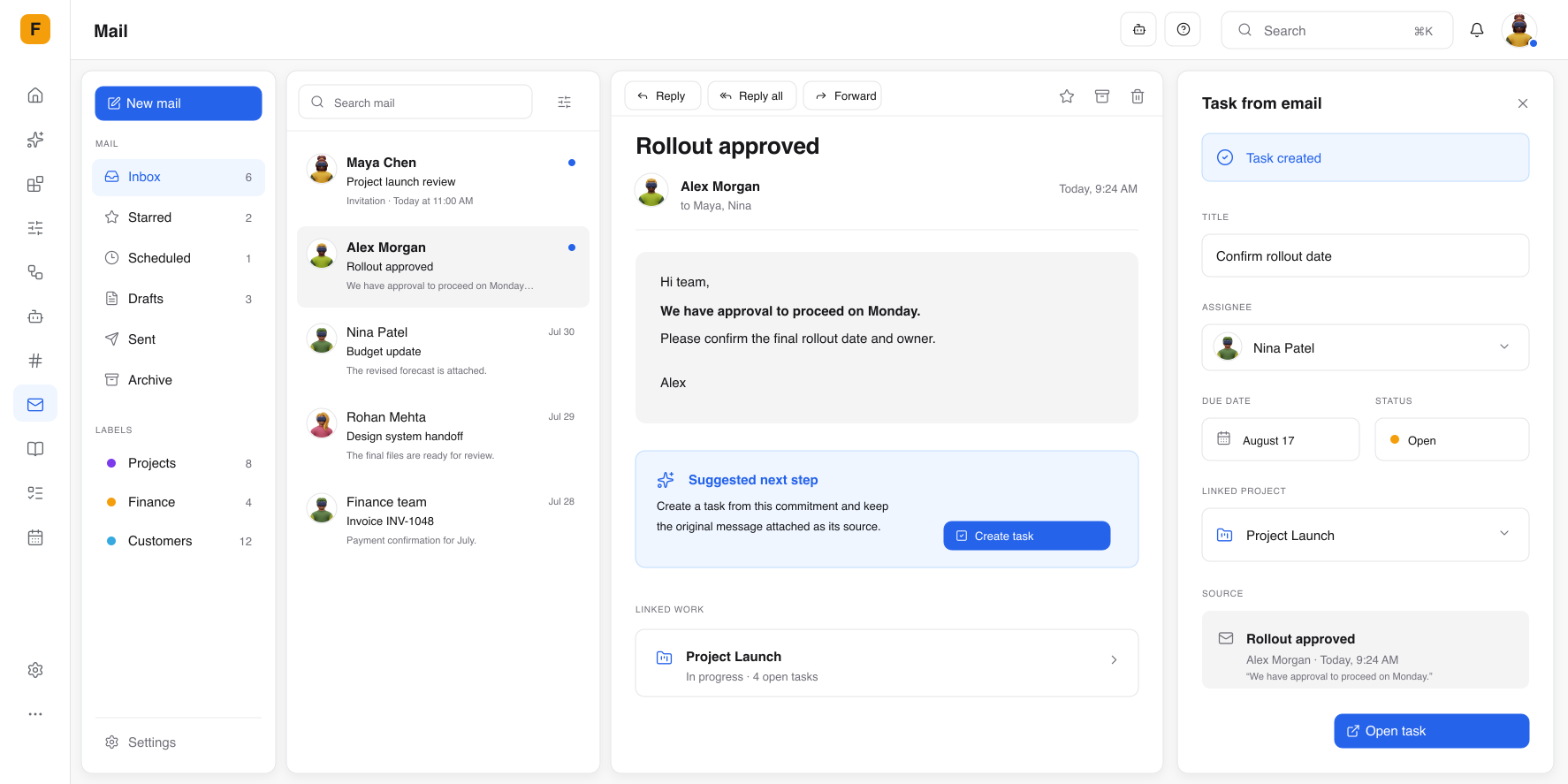Zusagen in Arbeit verwandeln. Überführt nächste Schritte und Fristen in Aufgaben, Lists oder Workflows – mit klarer Verantwortung.