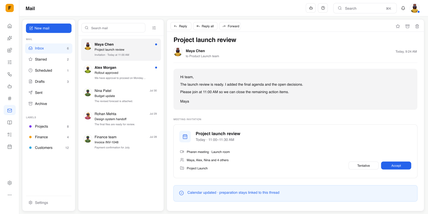 Pharen Mail & Calendar mit verbundenem Postfach, Projektaufgaben und Kalender.