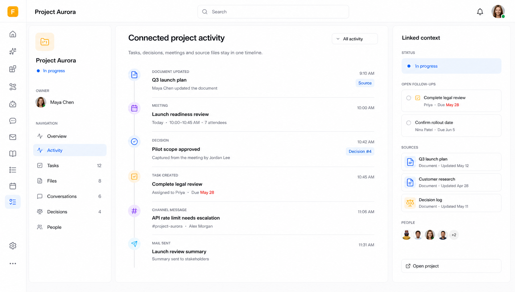 Connect work and context. Link tasks, knowledge, conversations and decisions so the bigger picture does not get lost.
