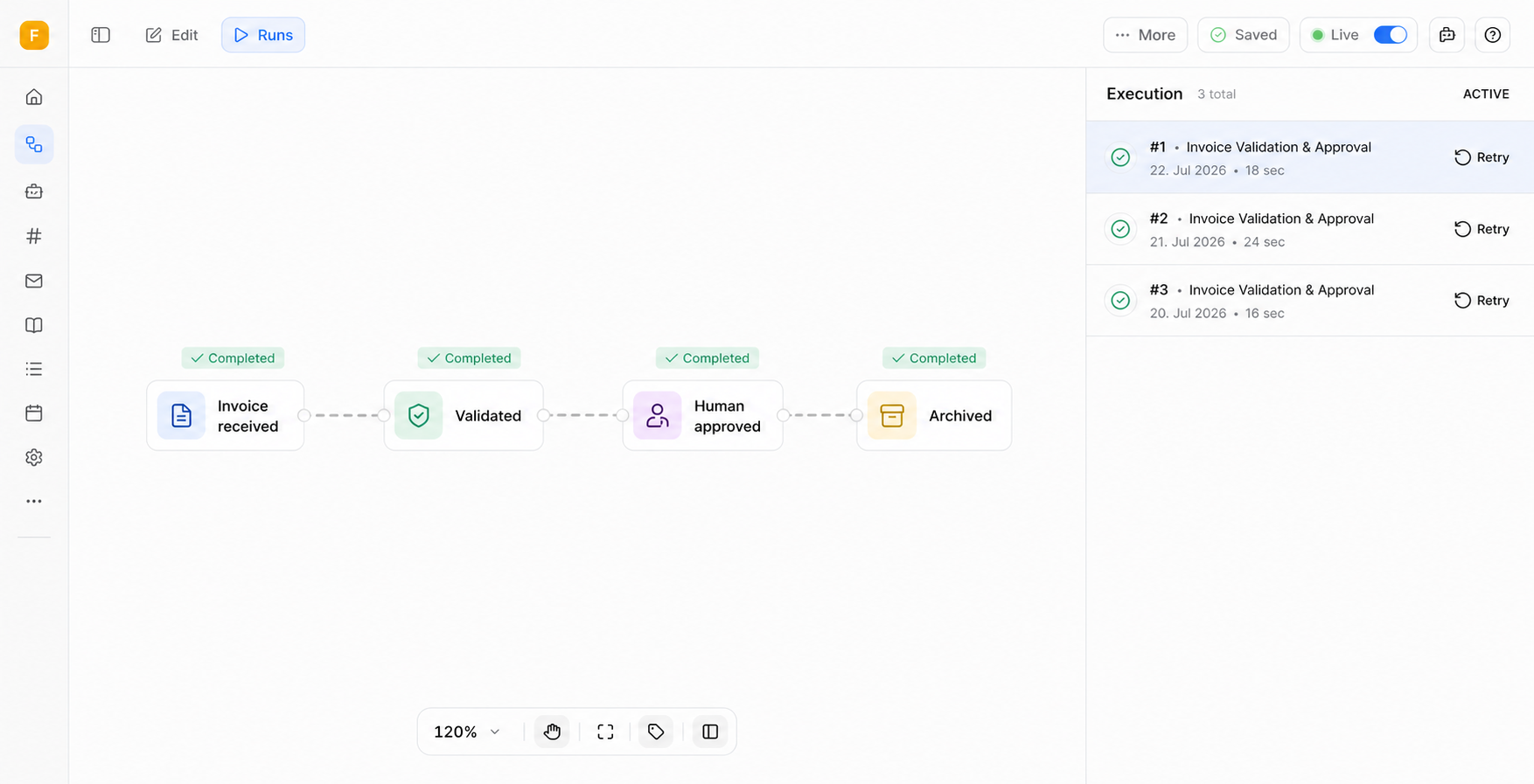 Review the outcome. Record the result, collect the required approval and automatically start the next step.