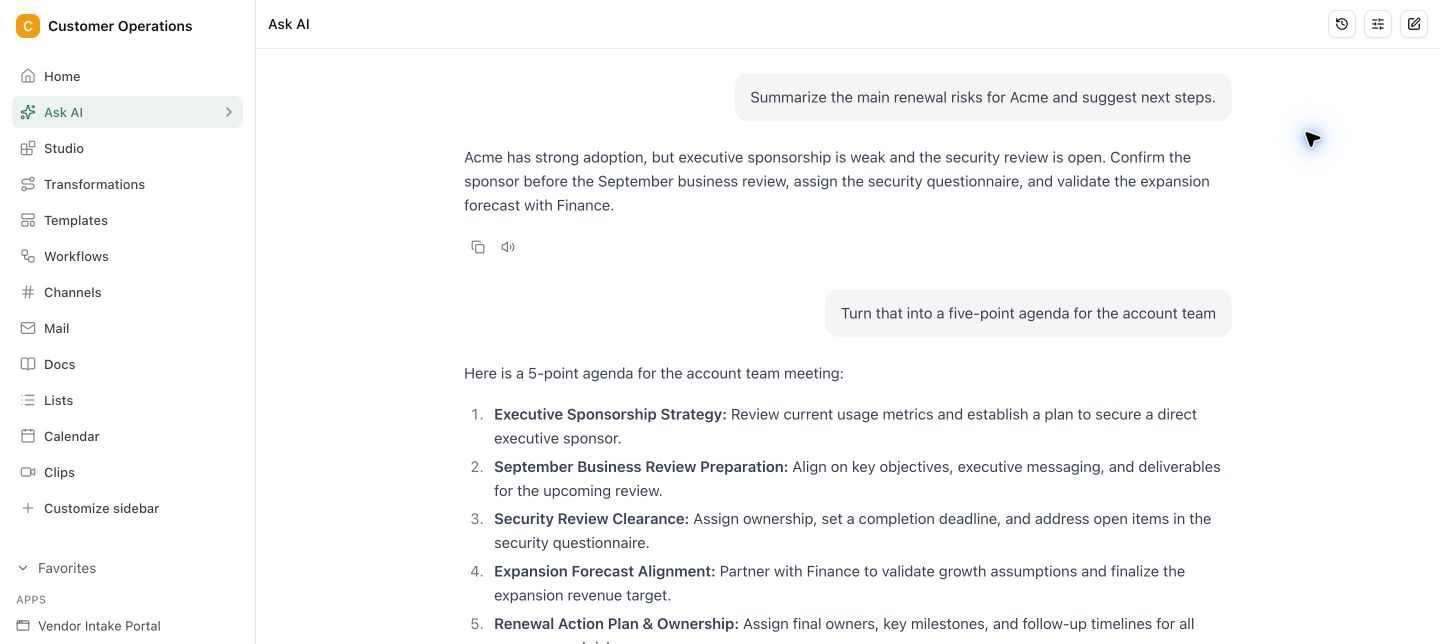 Chat in Ask AI in Pharen Hub with a summary and an agenda