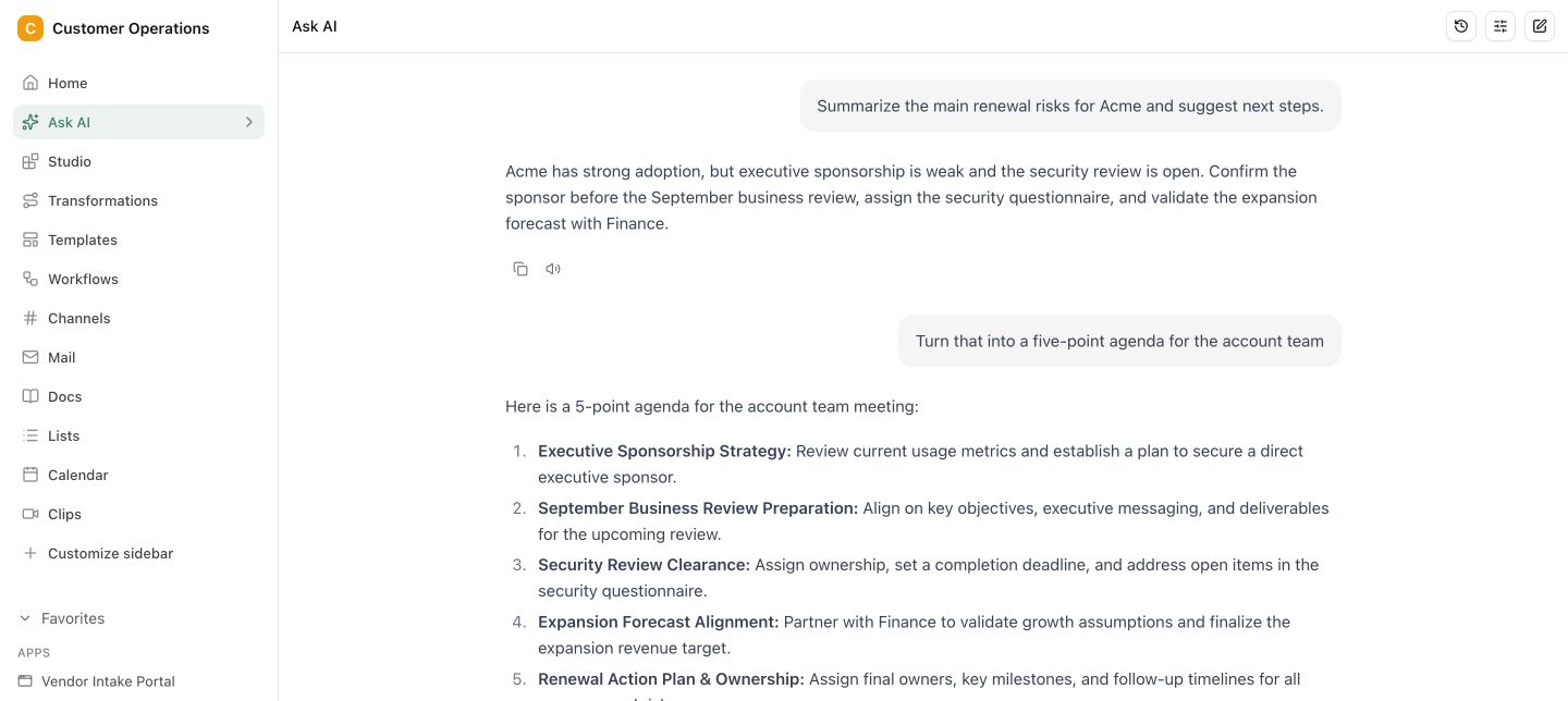 Ask AI in Pharen Hub mit Channels, Docs, Lists und Workflows in der Seitenleiste