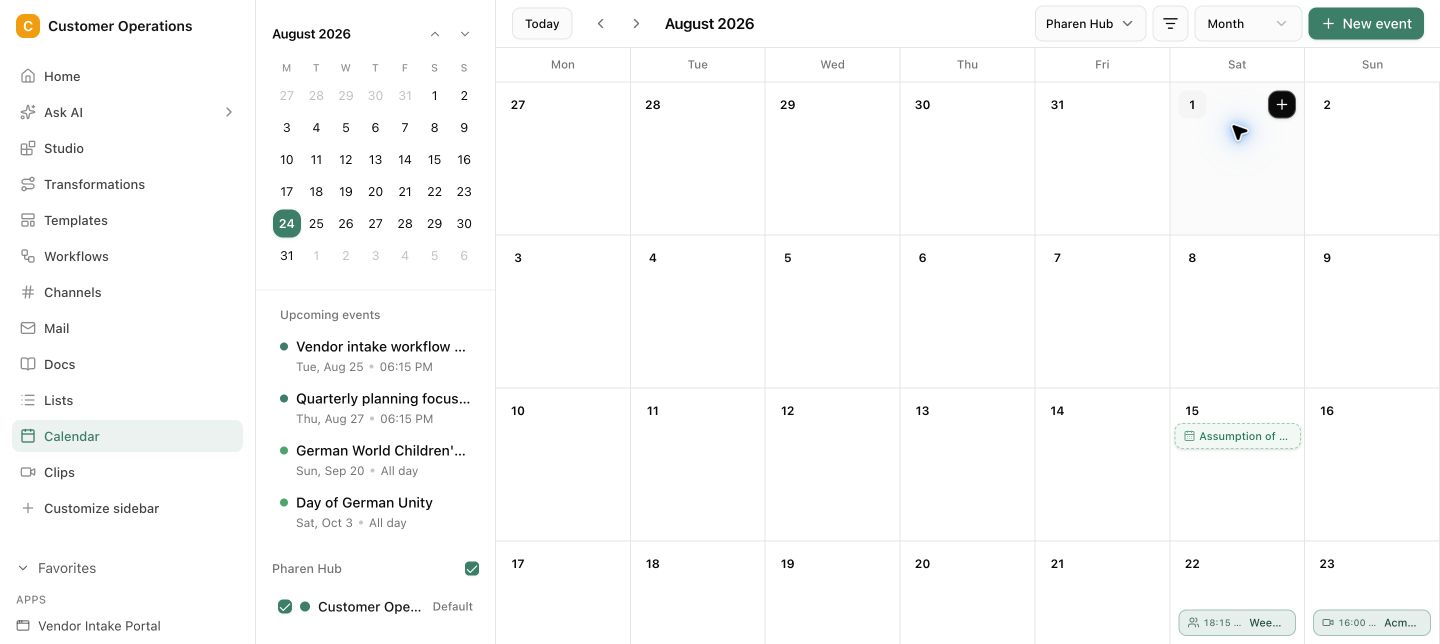 Pharen Mail & Calendar mit verbundenem Postfach, Projektaufgaben und Kalender.
