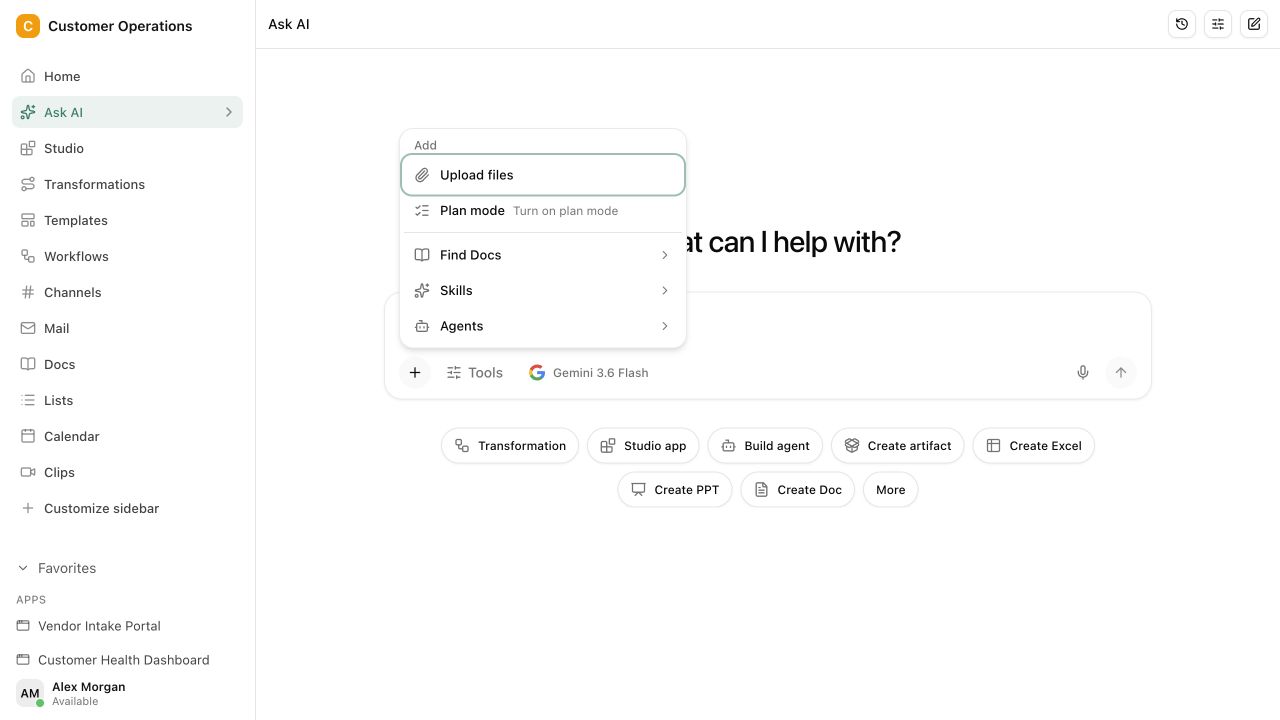 Mit echten Quellen arbeiten. Chat zieht die passenden Dokumente, Daten und Entscheidungen hinzu und macht sichtbar, worauf das Ergebnis basiert.