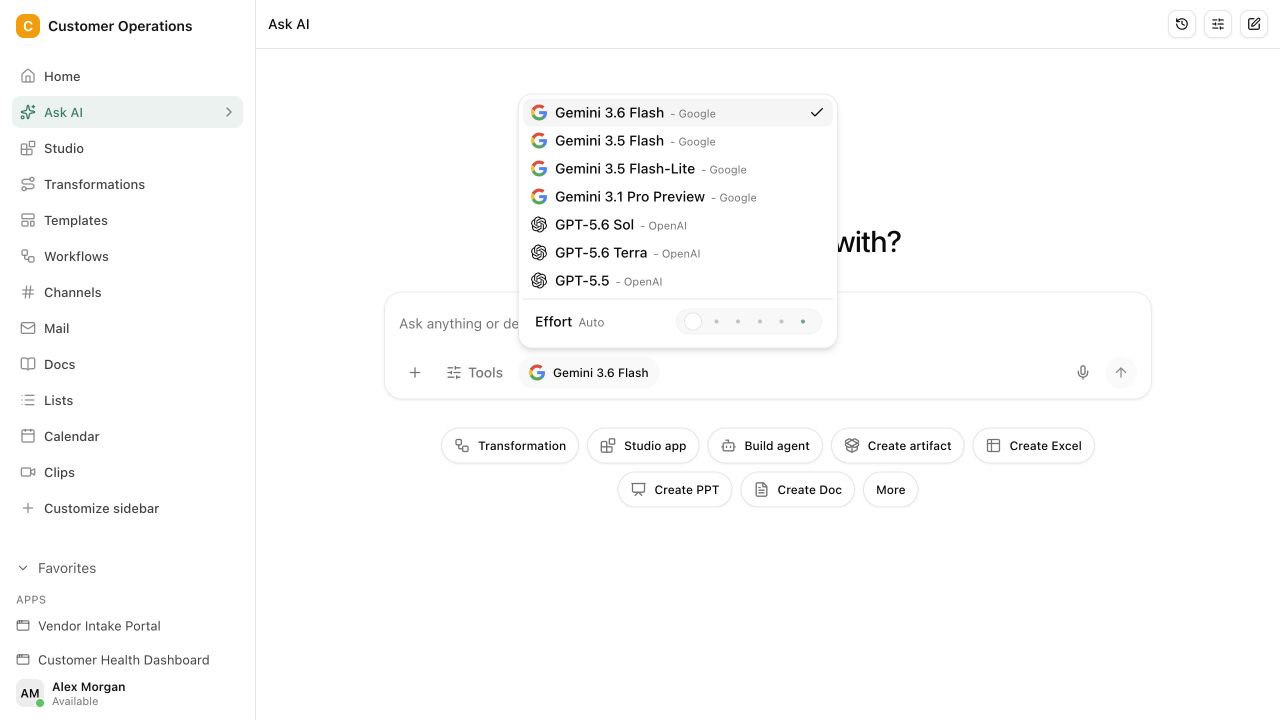 Ihr seht, womit Chat gearbeitet hat.. Chat nutzt den freigegebenen Workspace-Kontext. Quellen und Ergebnisse bleiben nachvollziehbar, bevor daraus Aufgaben, Listeneinträge oder Workflow-Schritte werden.
