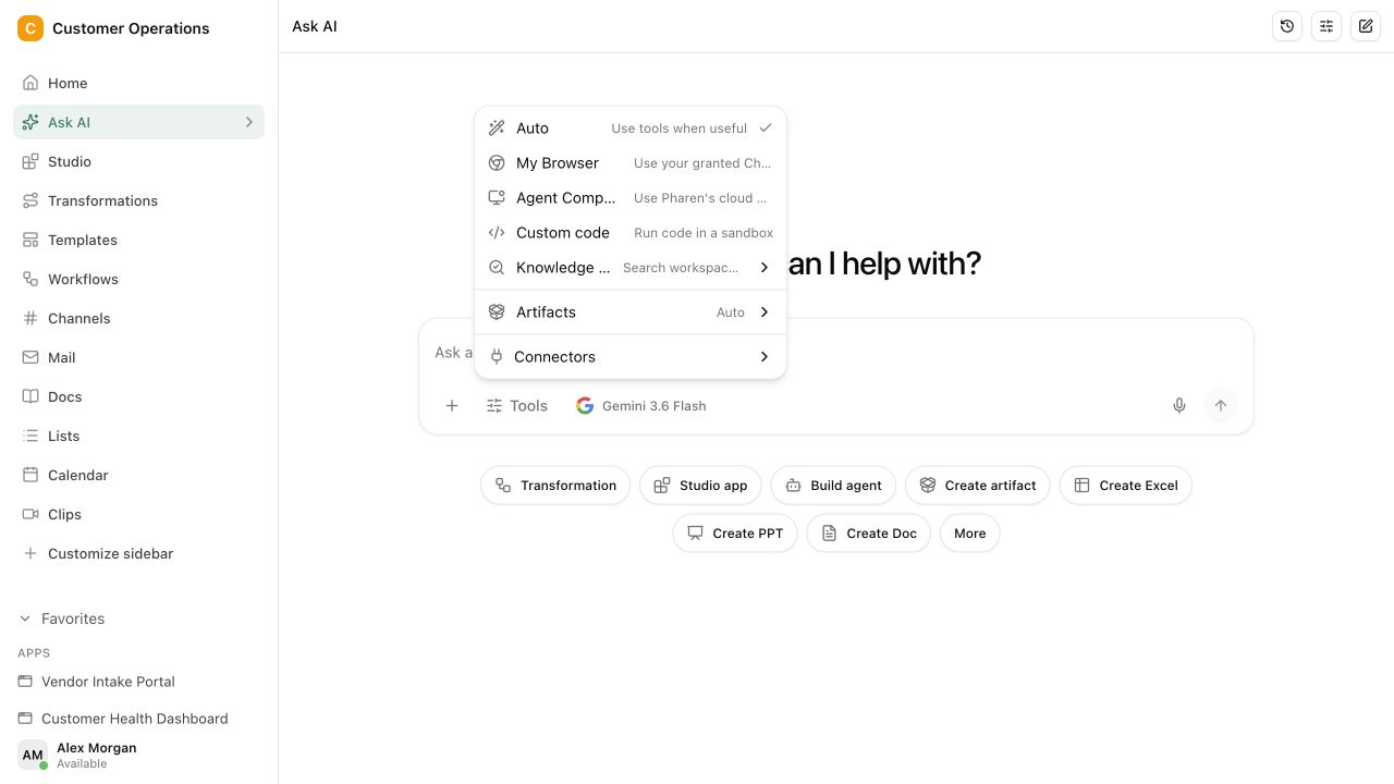 Ergebnis weiterführen. Übergebt das Ergebnis direkt an Projects, Lists oder Workflows, statt es aus einem Chatfenster herauszukopieren.