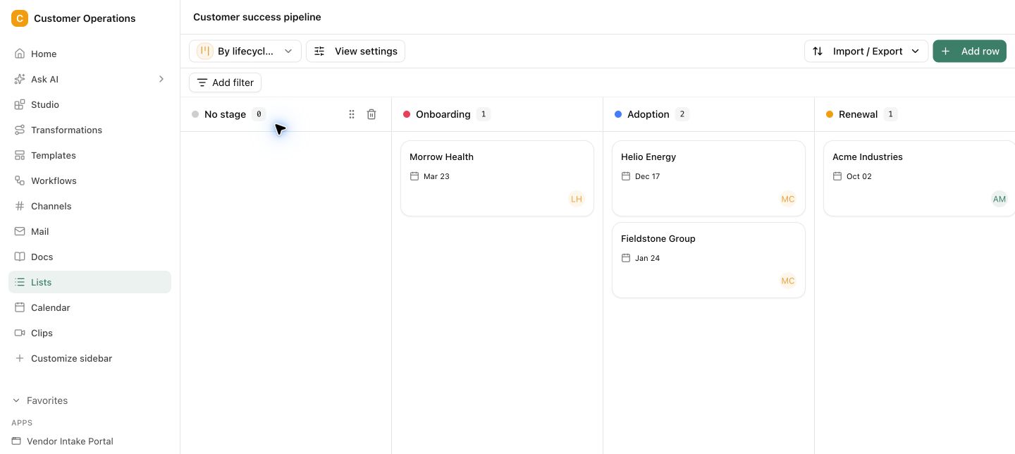 Pharen Lists mit strukturierten Vorgängen, Datensatzdetails und Studio-Ausgabe.