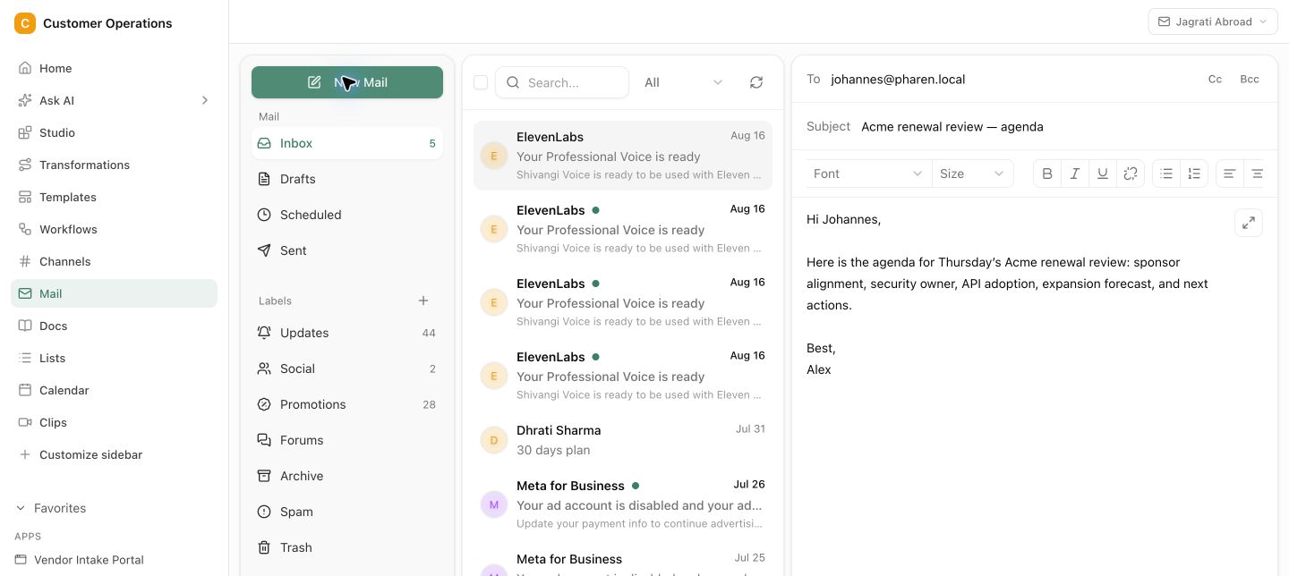 Zusagen in Arbeit verwandeln. Überführt nächste Schritte und Fristen mit klarer Verantwortung in Aufgaben, Lists oder Workflows.