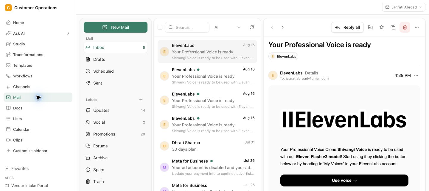 Postfach und Kalender verbinden. Bringt relevante Nachrichten und Termine in denselben Workspace, in dem das Team Projekte und Aufgaben steuert.