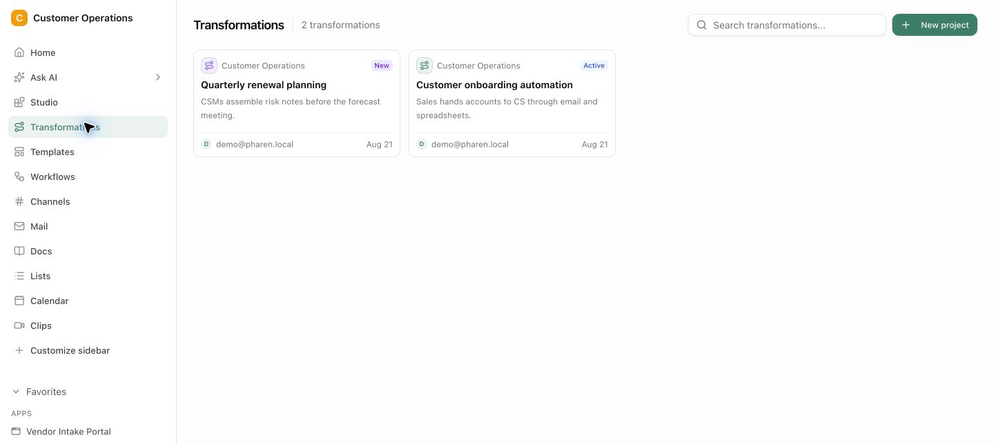 Pharen Projects mit Ziel, Aufgaben, Fortschritt und verbundenem Workflow.
