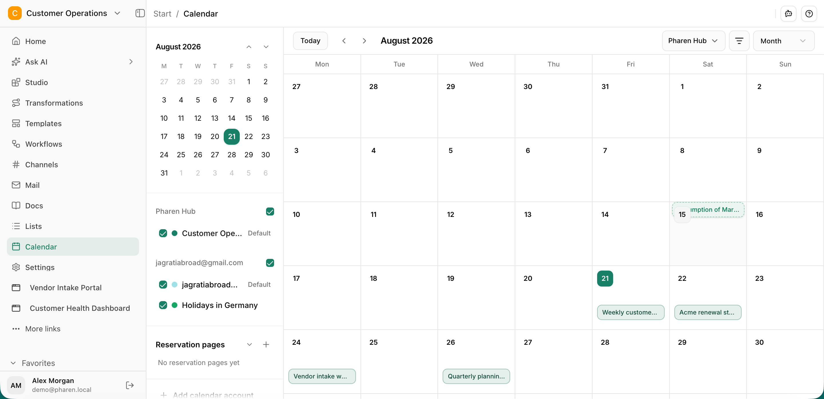Pharen Mail & Calendar with a connected inbox, project tasks and calendar.