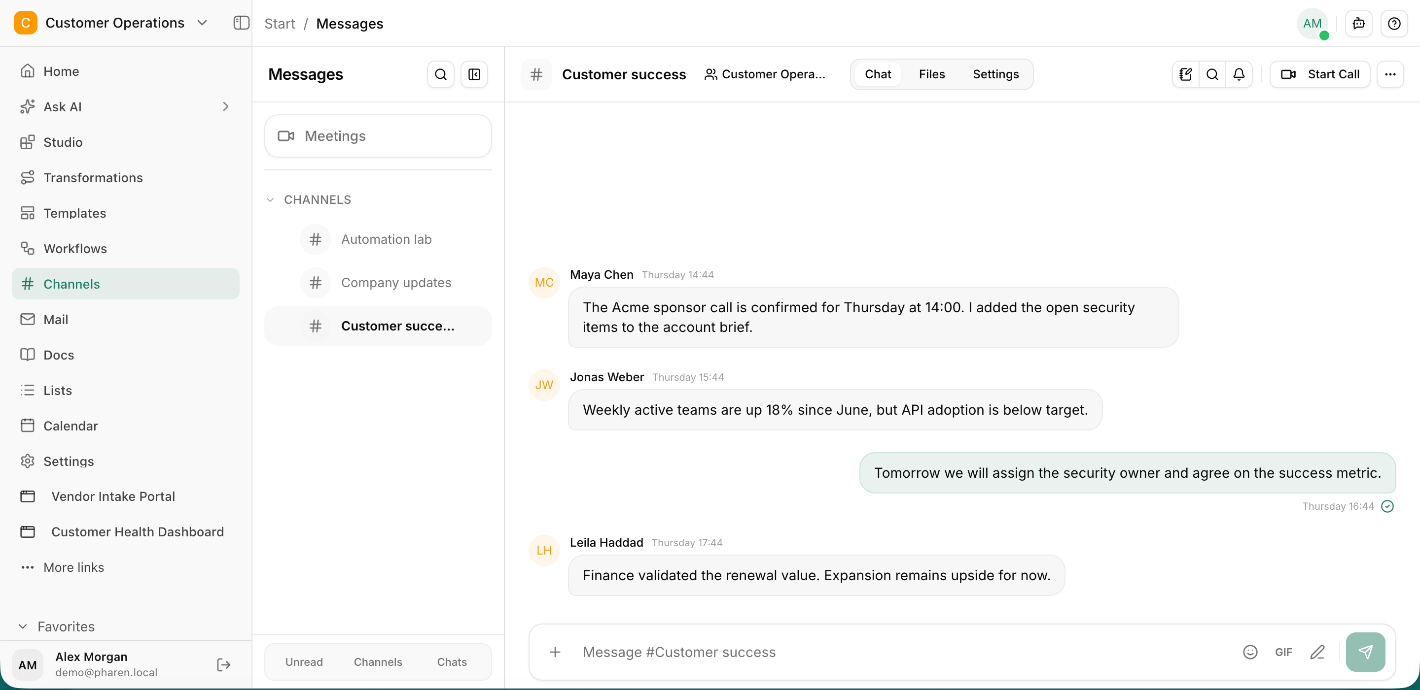 Pharen Hub channel creation with launch operations context and workspace visibility controls