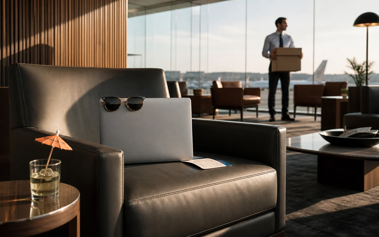 Firmenlaptop mit Sonnenbrille entspannt in einer Flughafenlounge, während ein IT-Mitarbeiter mit Rückgabekarton sucht