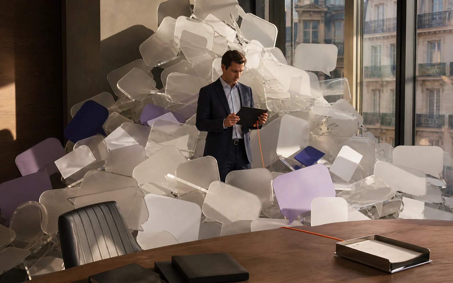 Professional stands in a room filled with speech bubbles while holding the task that still needs an owner