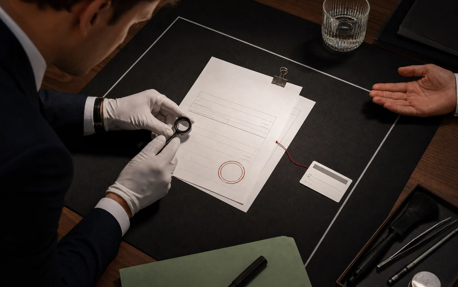 Finanzmitarbeiter untersucht eine Rechnung mit Lupe und Handschuhen auf einem forensischen Prüftisch
