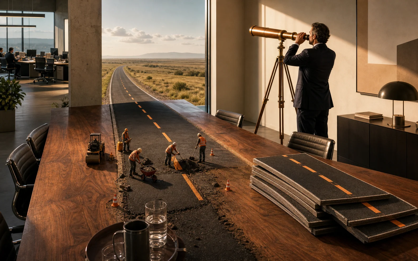Ein Straßenbauteam baut den nächsten Abschnitt einer Straße auf einem Konferenztisch, während ein Manager in die Ferne schaut