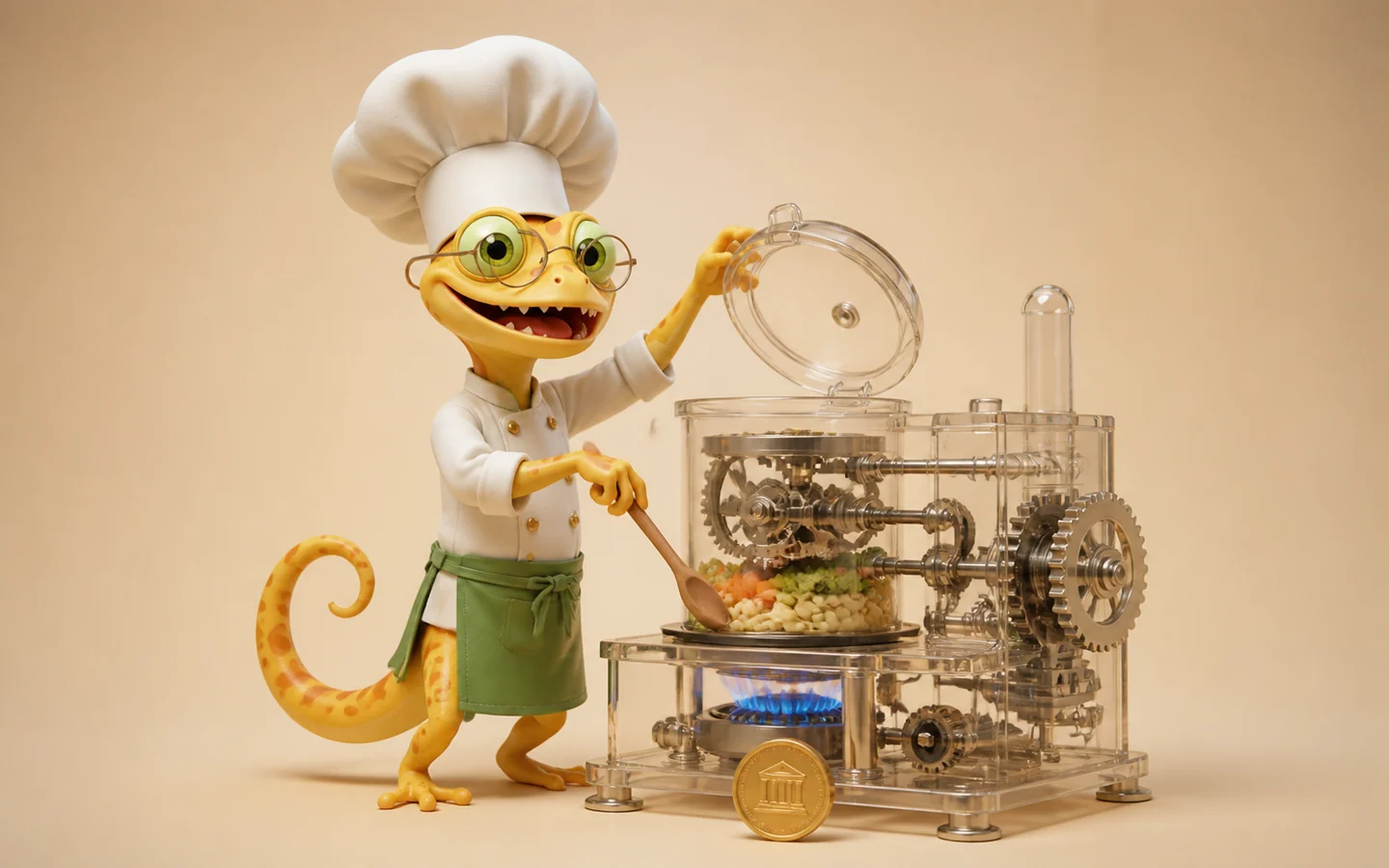 Gecko als Koch arbeitet mit einer vollständig einsehbaren Küchenmaschine