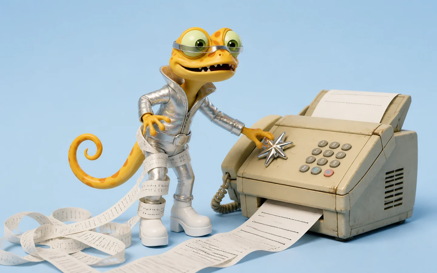 Gecko im futuristischen Silberanzug entdeckt die Papierkette hinter einem alten Faxgerät