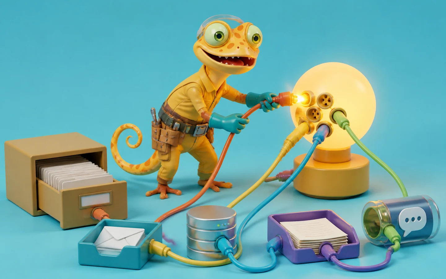 Gecko als Kontext-Elektriker verbindet Arbeitsquellen mit einer leuchtenden Lampe