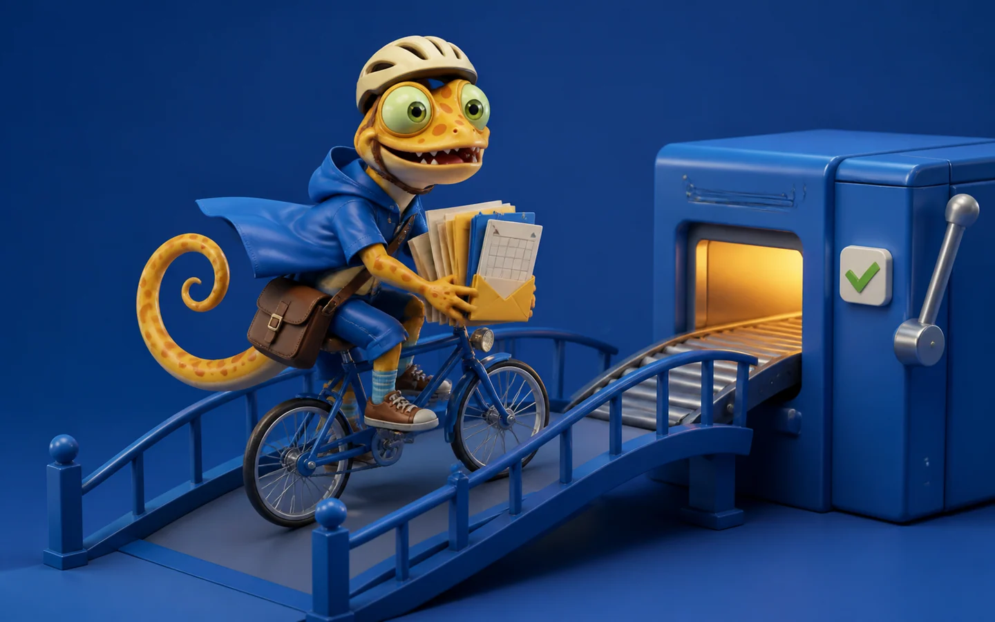 Gecko als Fahrradkurier bringt Dokumente über eine Brücke in einen Workflow