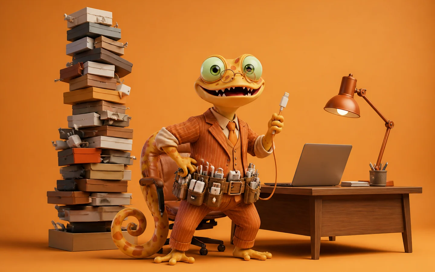 Gecko als Office-Manager vor einem wackeligen Turm aus Nebenwerkzeugen