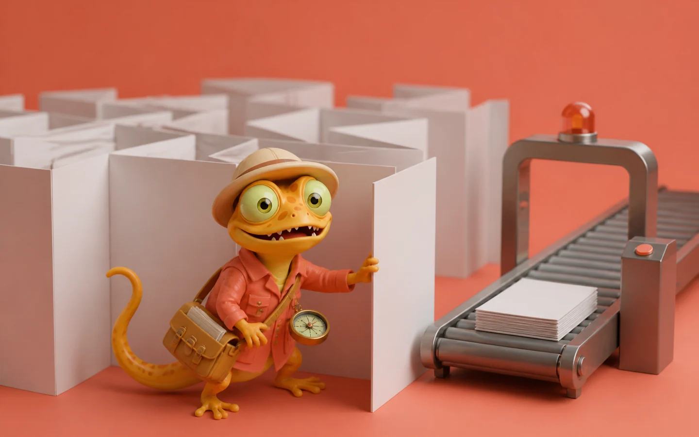 Gecko als Dokumenten-Entdecker sucht den Weg aus einem Labyrinth schöner Seiten