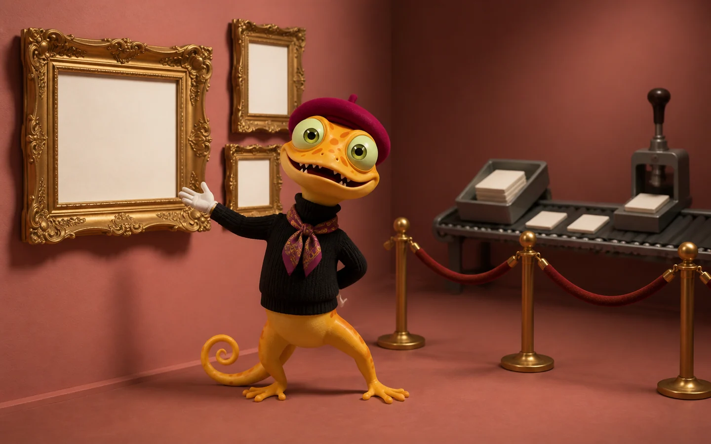 Gecko als Kunstkurator zwischen leeren Rahmen und einem stillstehenden Workflow