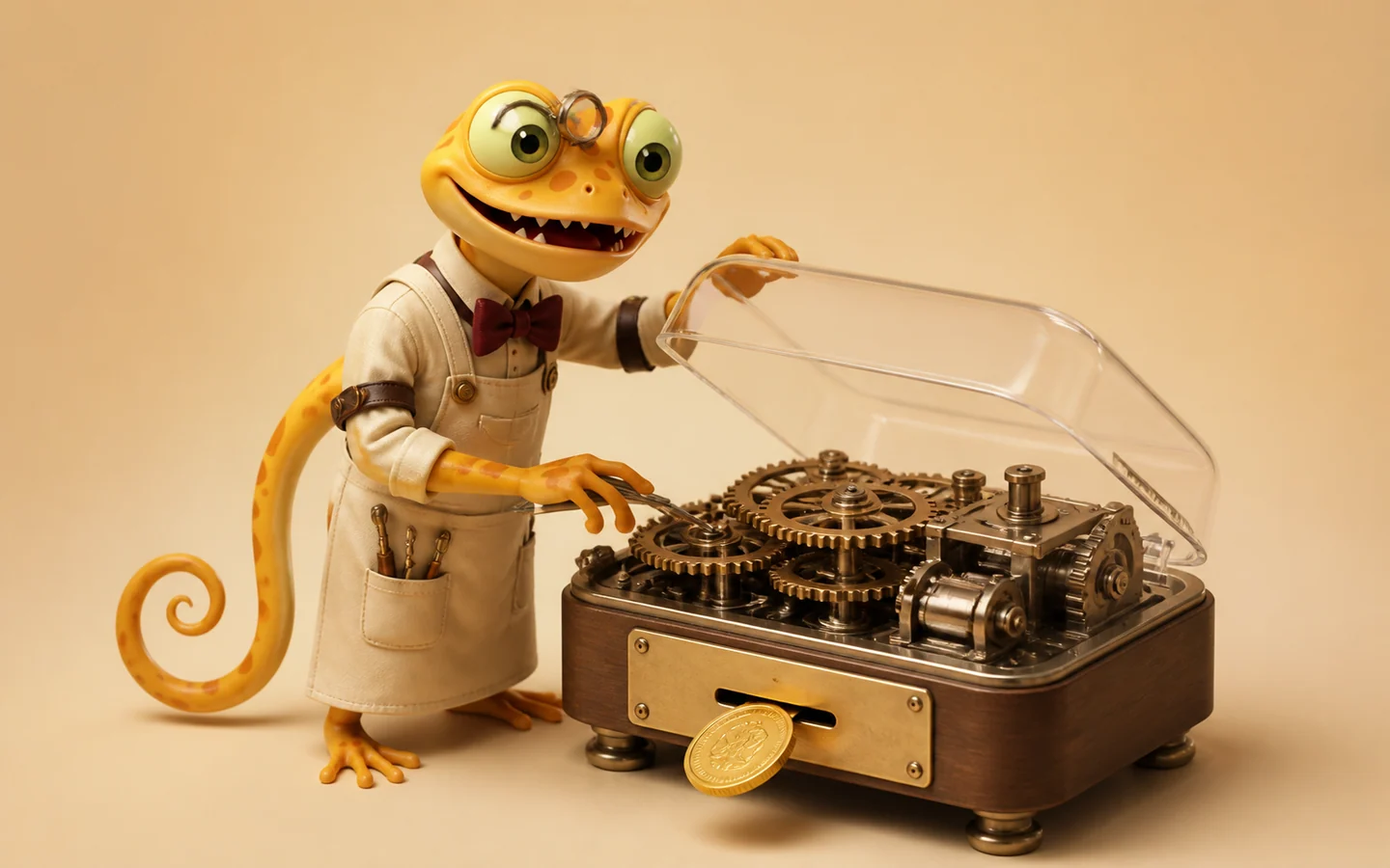 Gecko als Uhrmacher prüft das sichtbare Innenleben einer transparenten Maschine