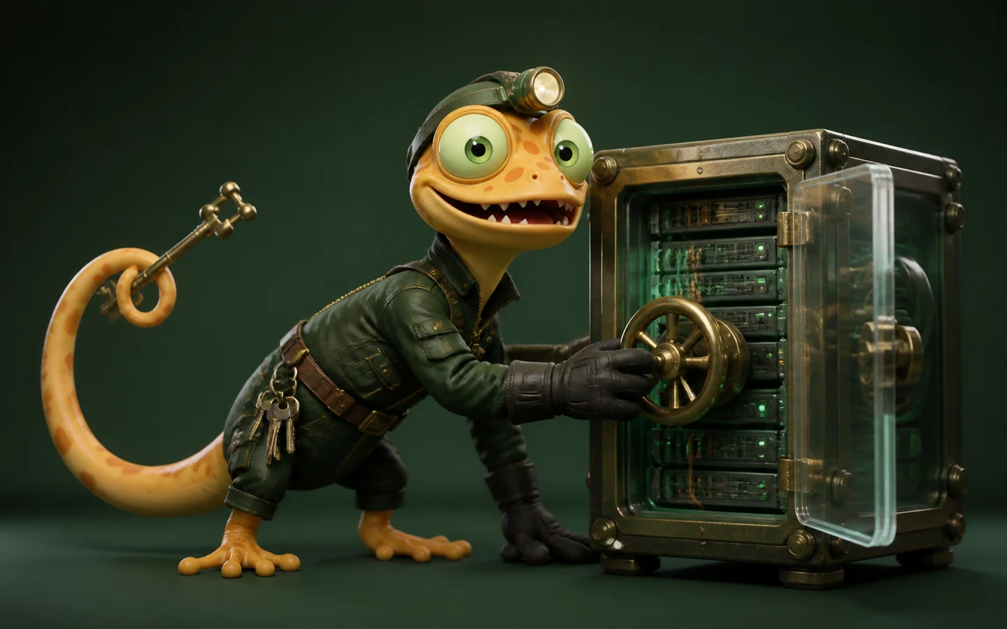 Gecko als Server-Schlosser öffnet einen transparenten Daten-Tresor mit eigenem Schlüssel