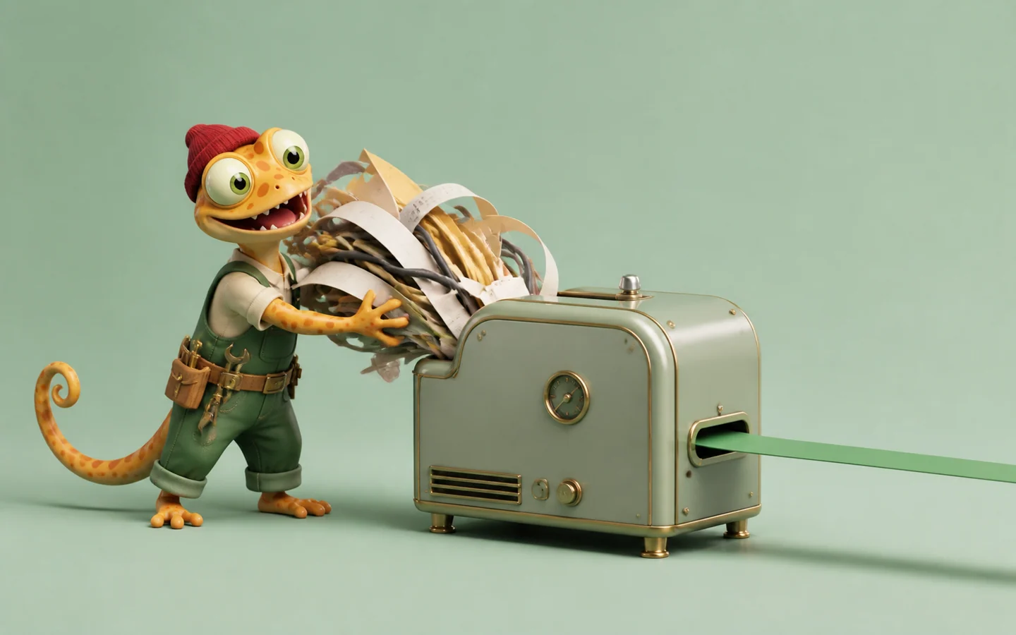 Gecko als Prozess-Klempner entwirrt Papier und Kabel in einer Workflow-Maschine