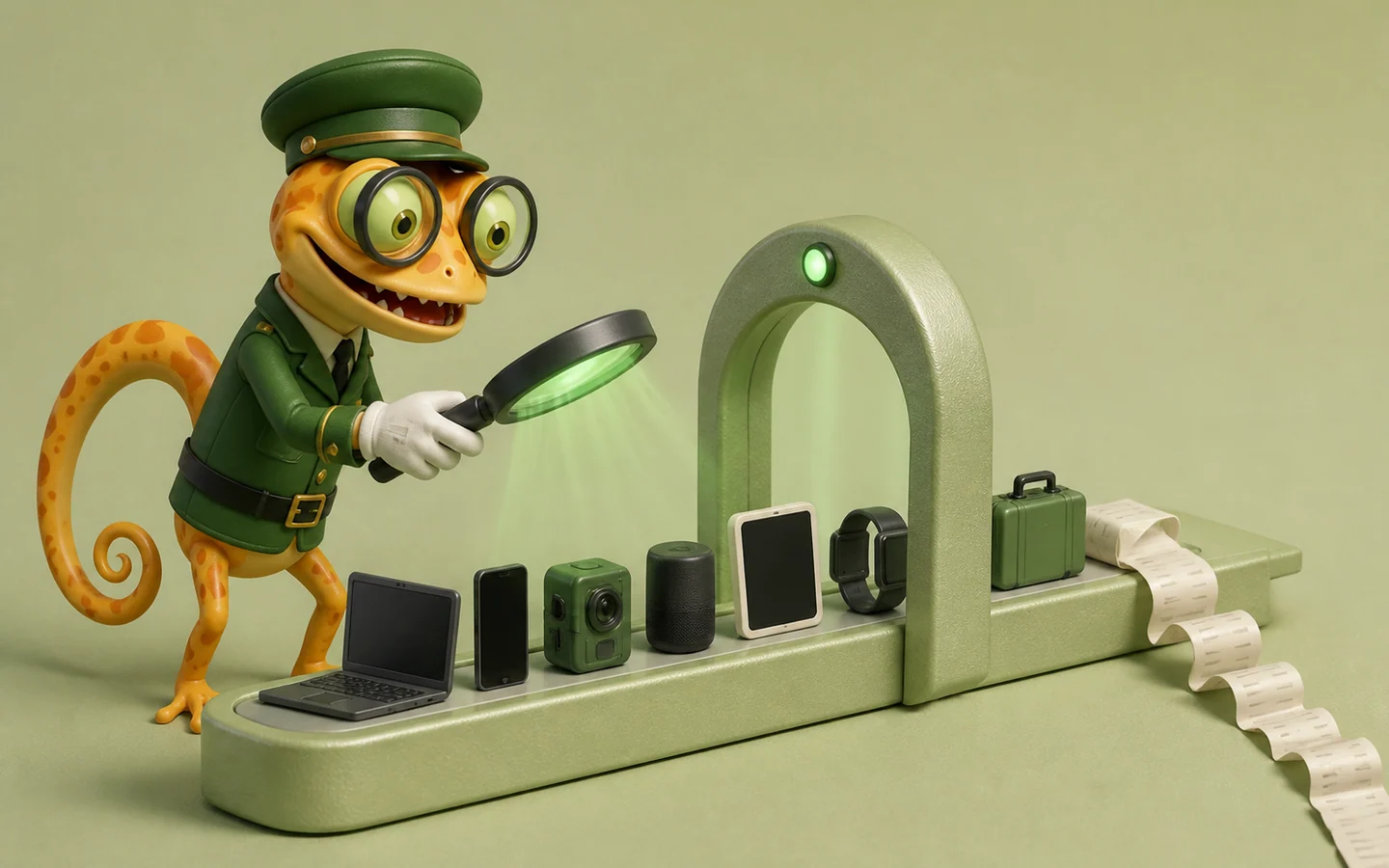 Gecko als Zollbeamter prüft sieben Arbeitsgeräte an einem Kontrollpunkt