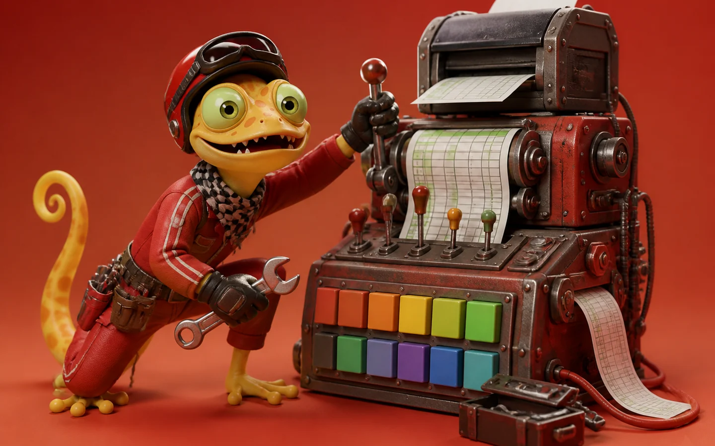 Gecko als Pit-Crew-Mechaniker arbeitet an einer absurden Prozessmaschine