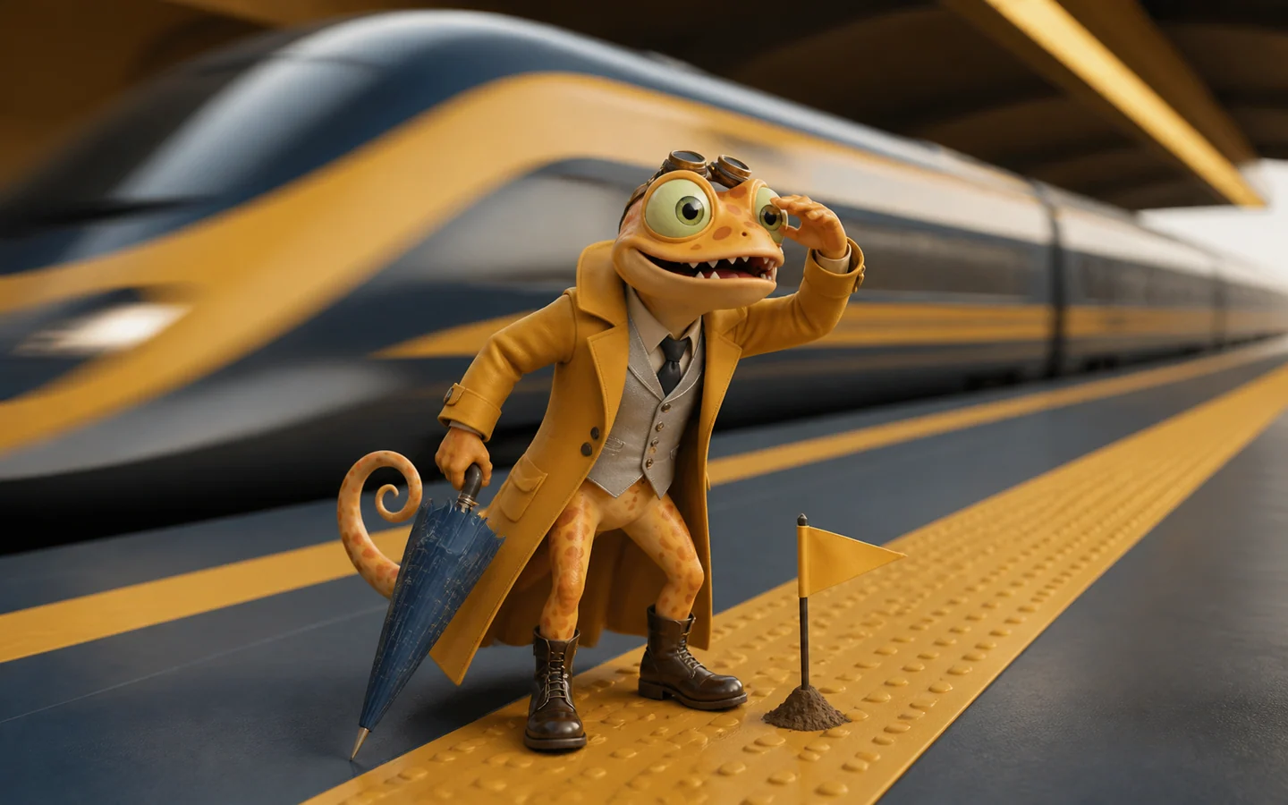 Gecko als Zeitreisender plant ein Experiment am Bahnsteig des Jahres 2031