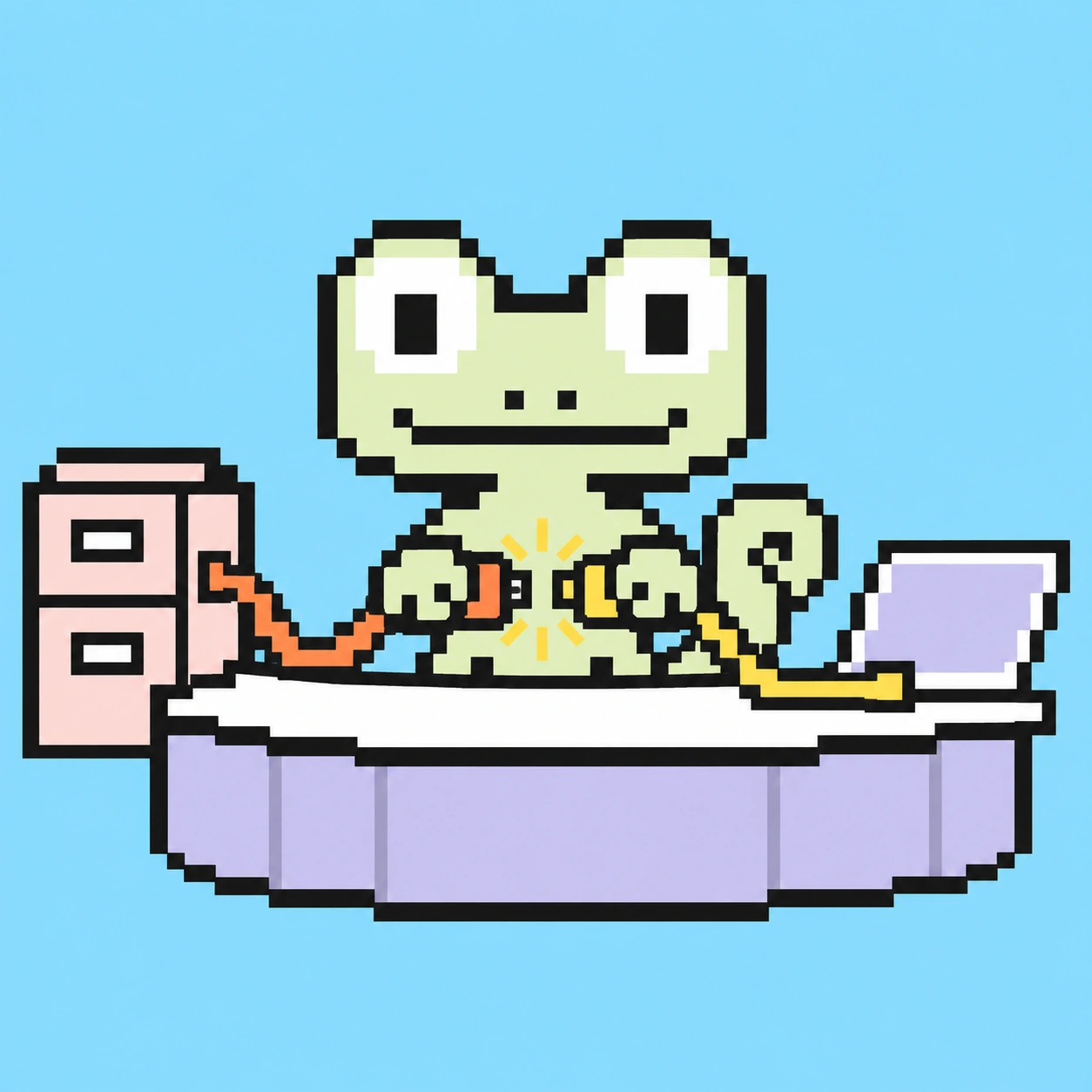 Pixel-Maskottchen verbindet den Aktenschrank und Laptop mit einem Kabel