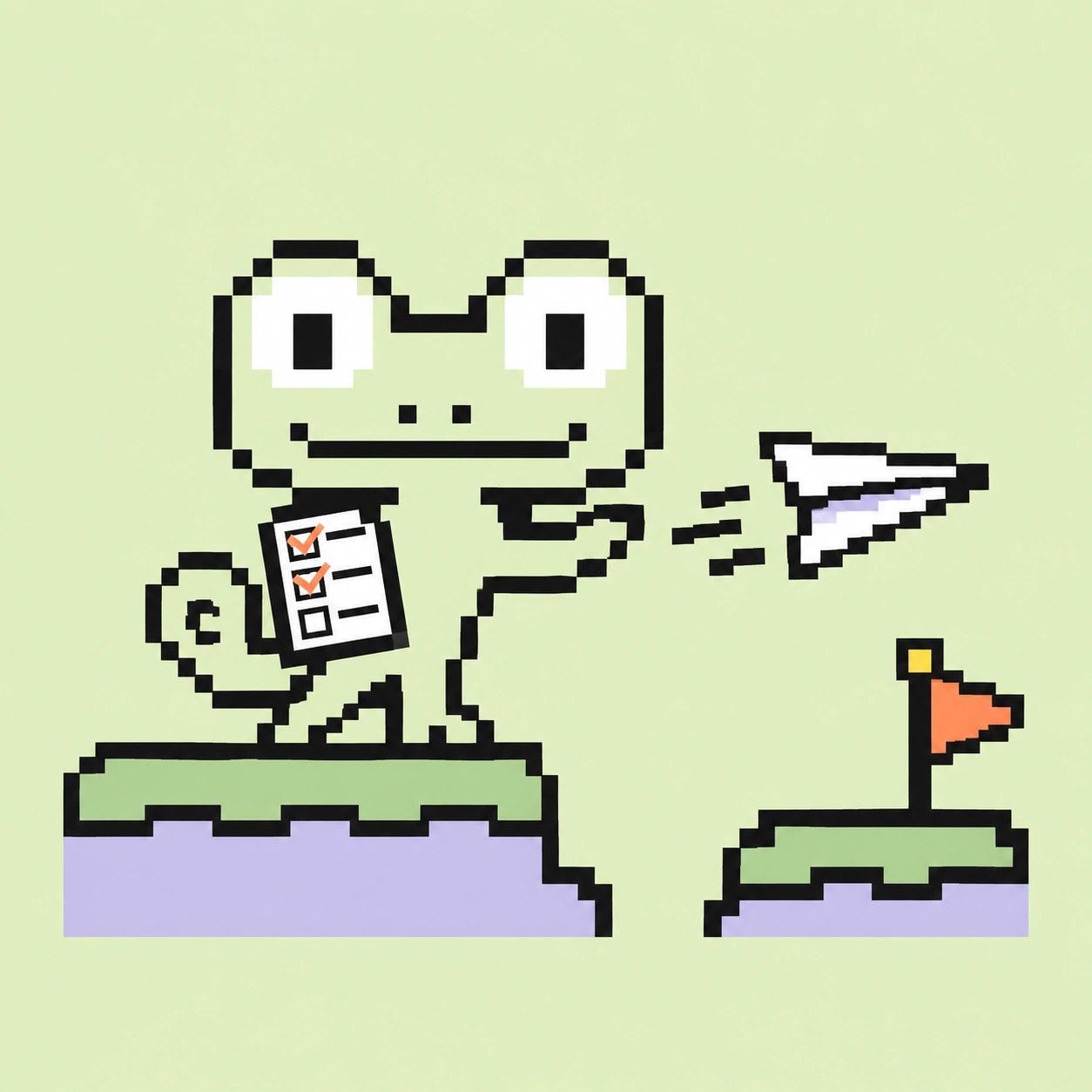 Pixel-Maskottchen startet einen Papierflieger und hält eine Checkliste bereit