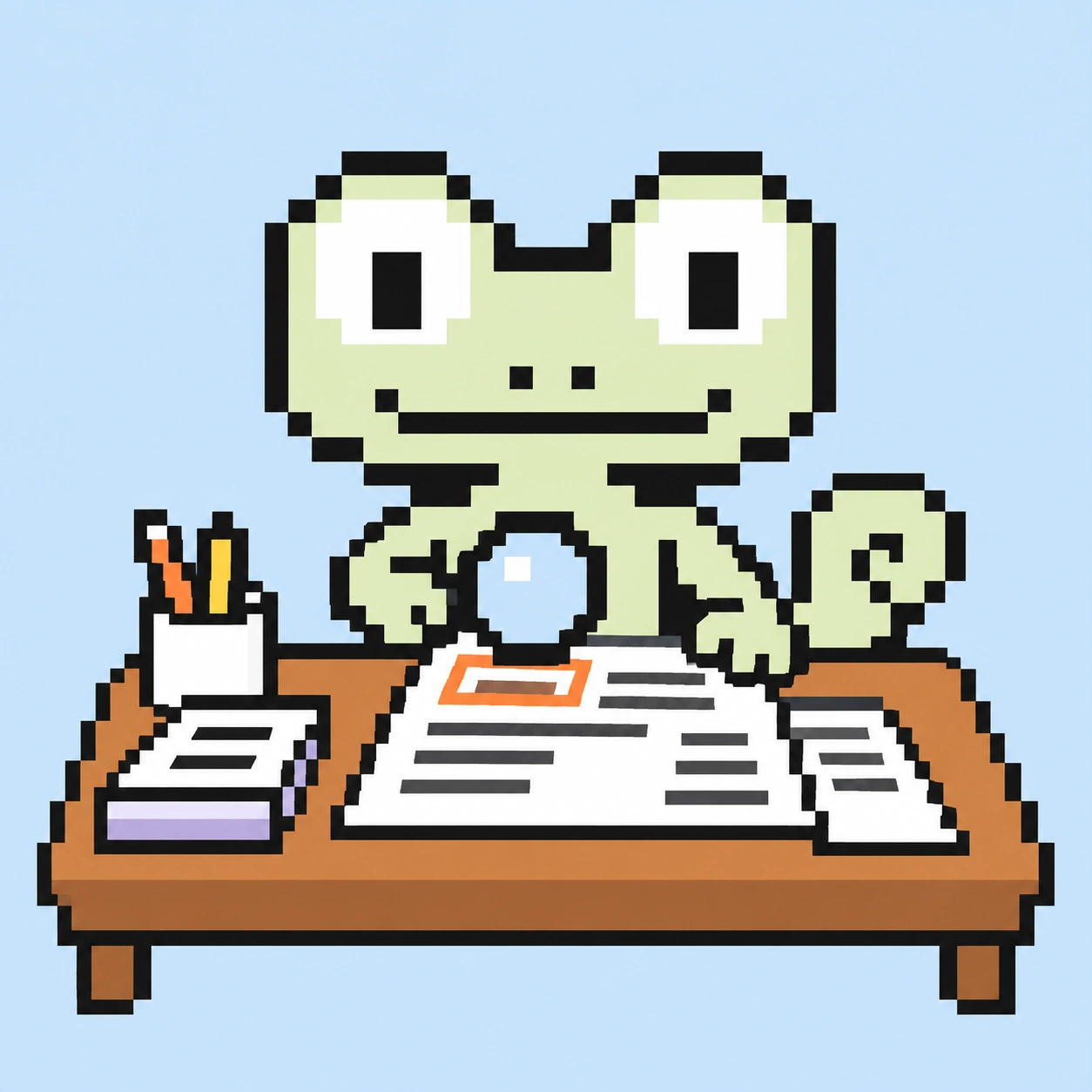 Pixel mascot examining a flagged detail on an invoice