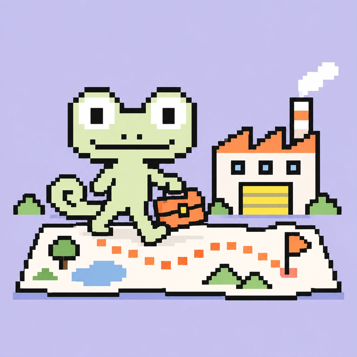 Pixel-Maskottchen trägt eine Werkzeugkiste über eine Karte zu einem Betrieb