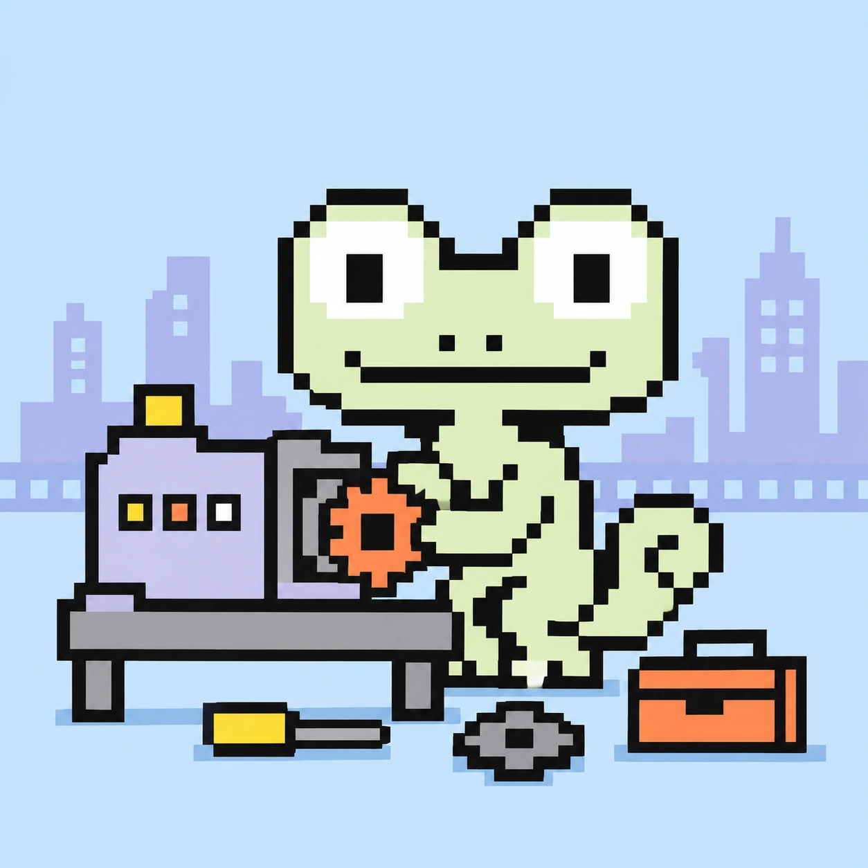 Pixel mascot fitting a gear into a workbench machine