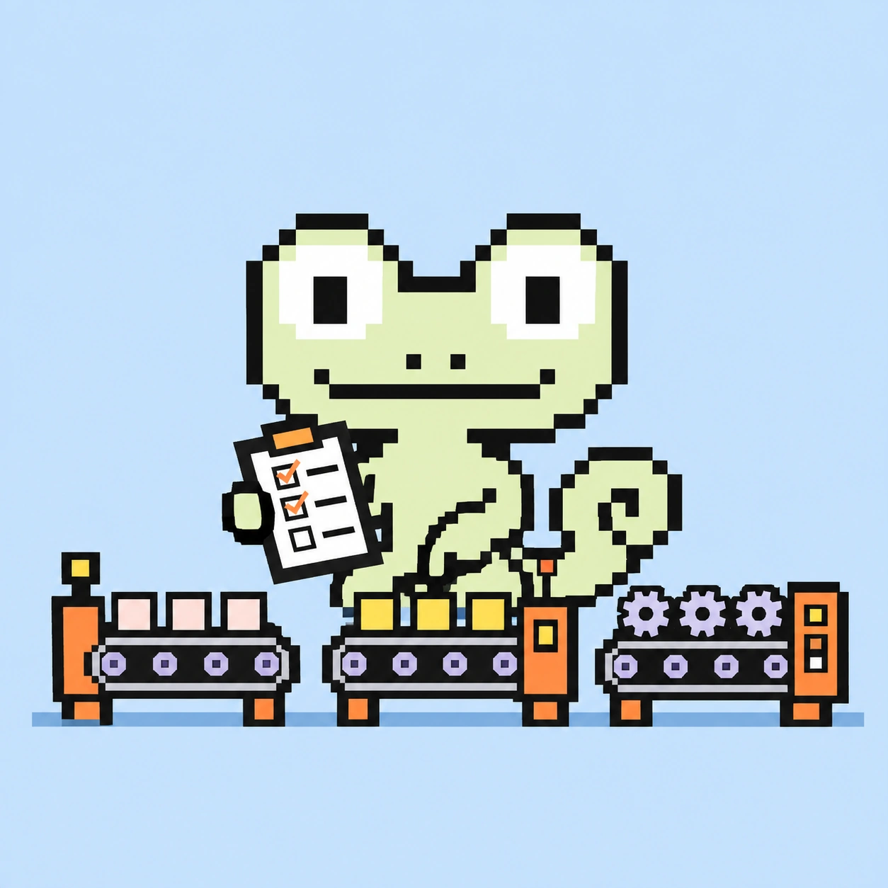 Pixel-Maskottchen prüft drei kleine Prozessmaschinen anhand einer Checkliste