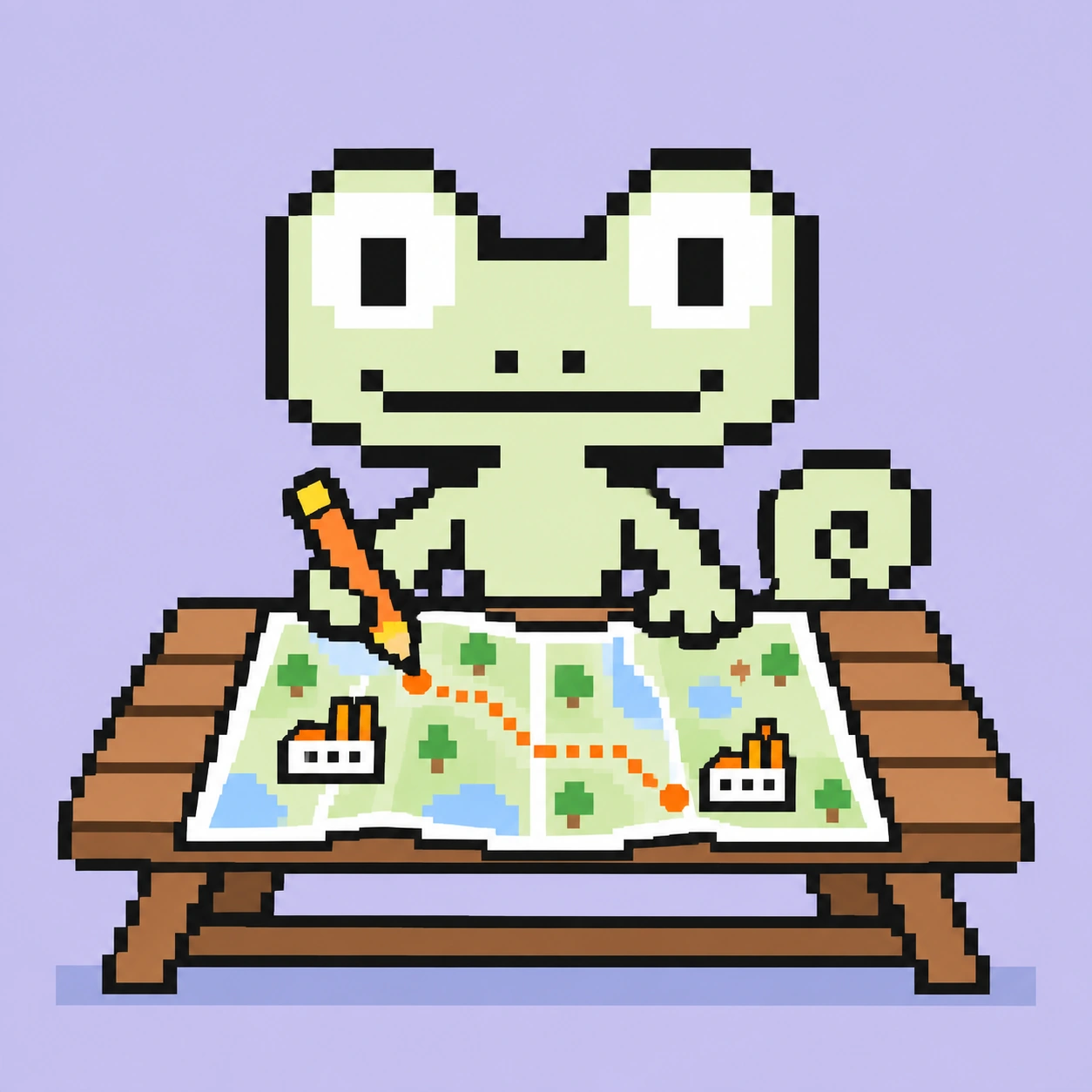 Pixel mascot drawing a route between businesses on a map