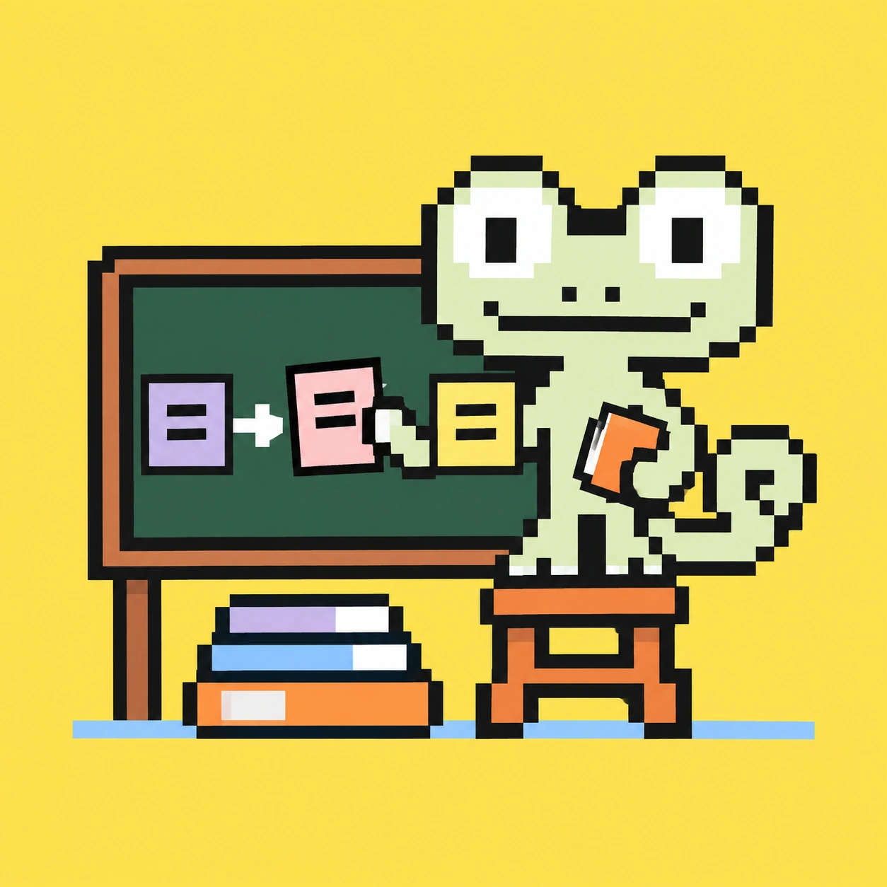 Pixel mascot explaining a workflow at a board