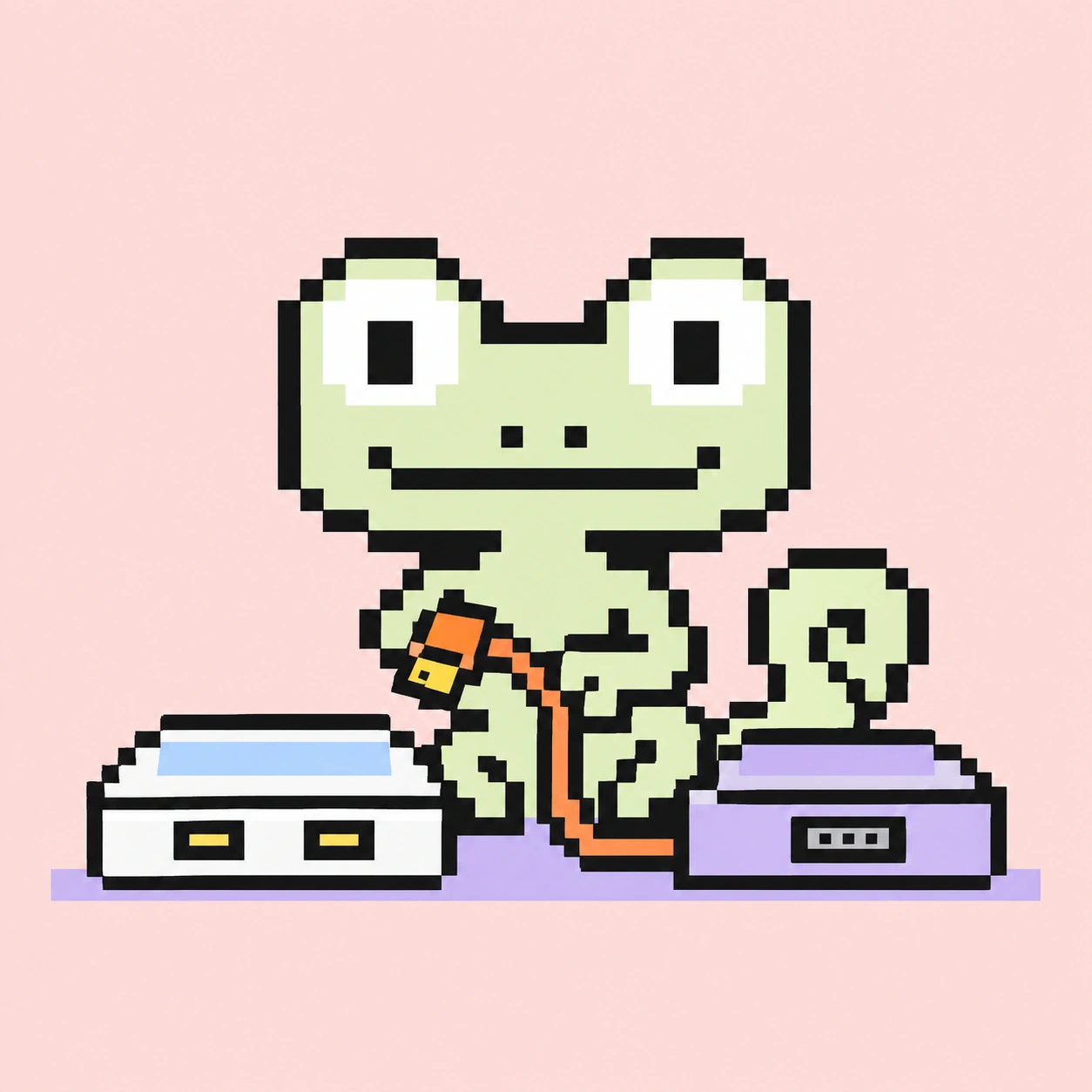 Pixel mascot testing two work consoles and connecting a cable