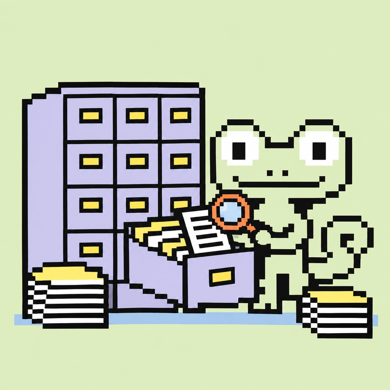 Pixel-Maskottchen findet ein Dokument in einem Aktenschrank