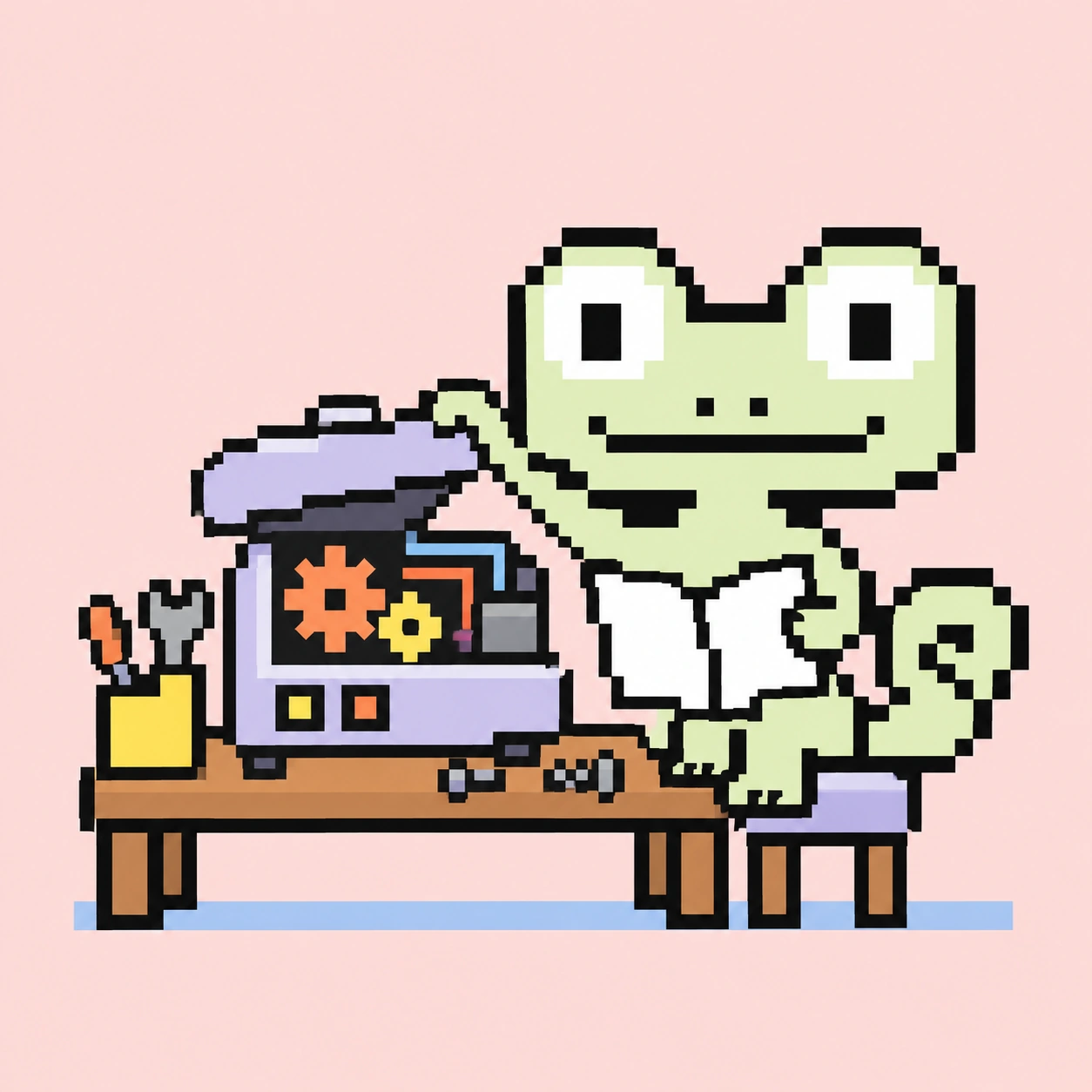 Pixel-Maskottchen öffnet eine Maschine und prüft das Handbuch