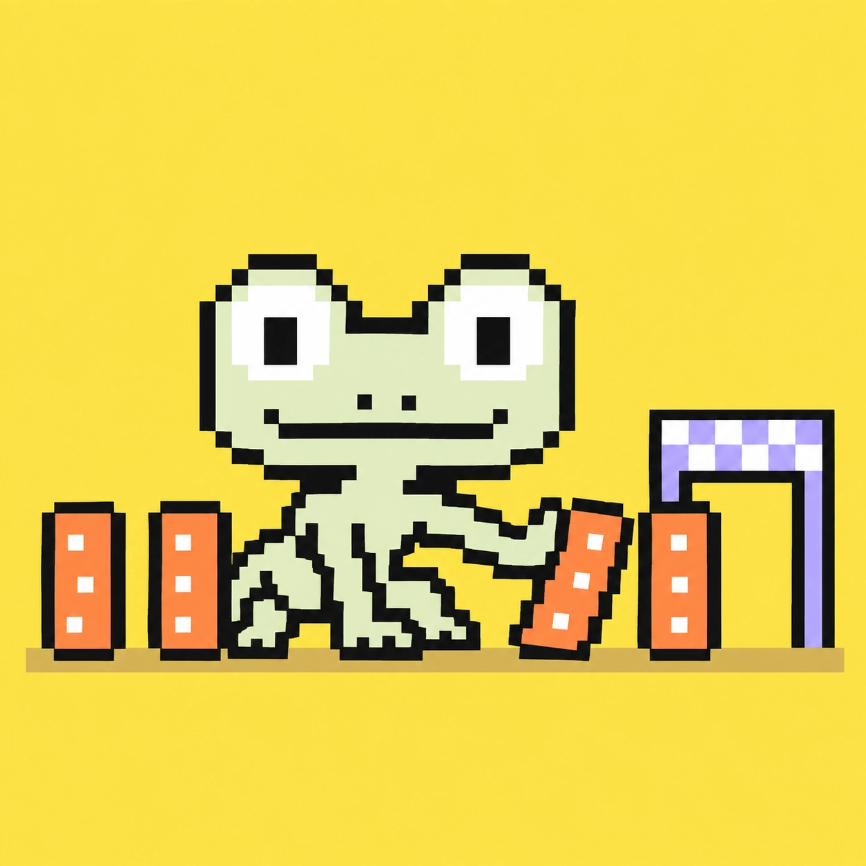 Pixel-Maskottchen stoppt einen kippenden Dominostein vor einem Freigabetor