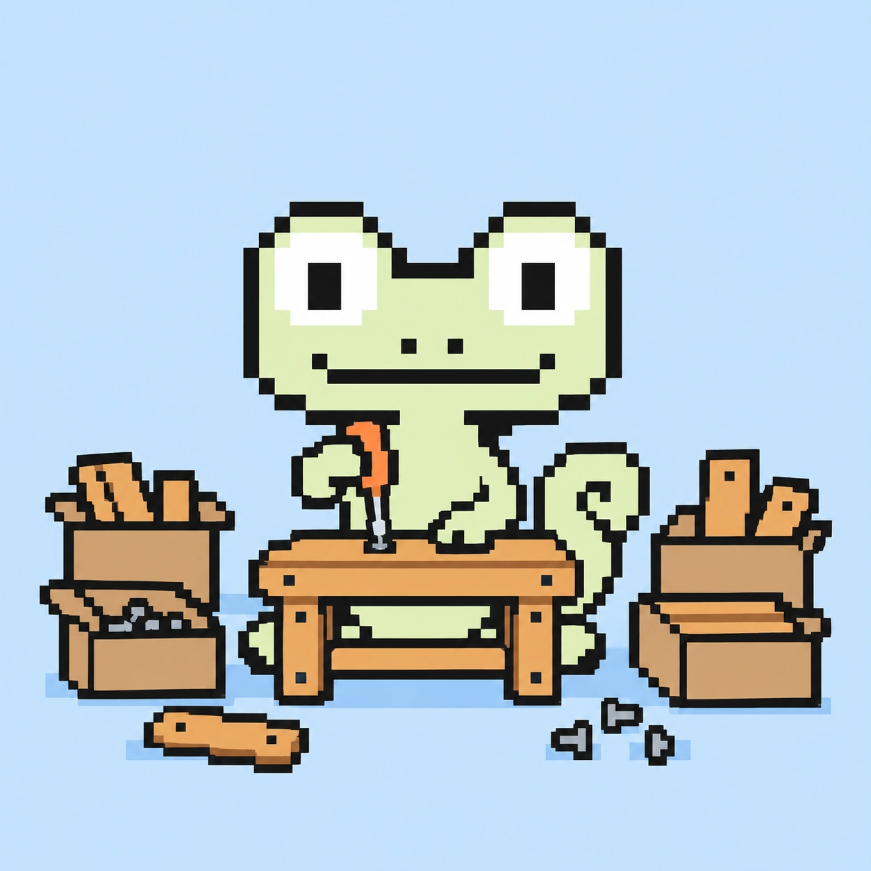 Pixel-Maskottchen baut aus einzelnen Ablagen einen gemeinsamen Arbeitstisch