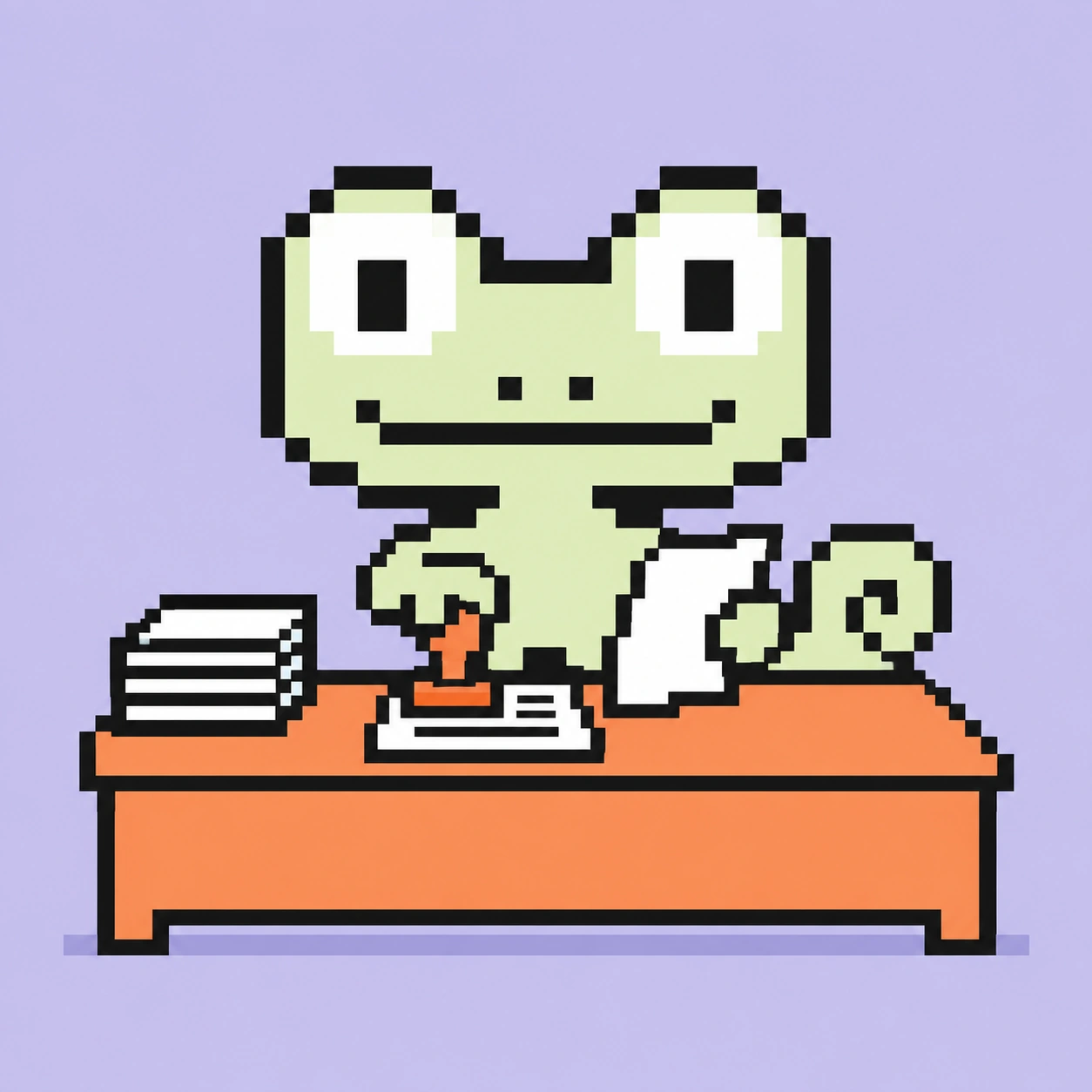 Pixel-Maskottchen stempelt ein Dokument am Schreibtisch